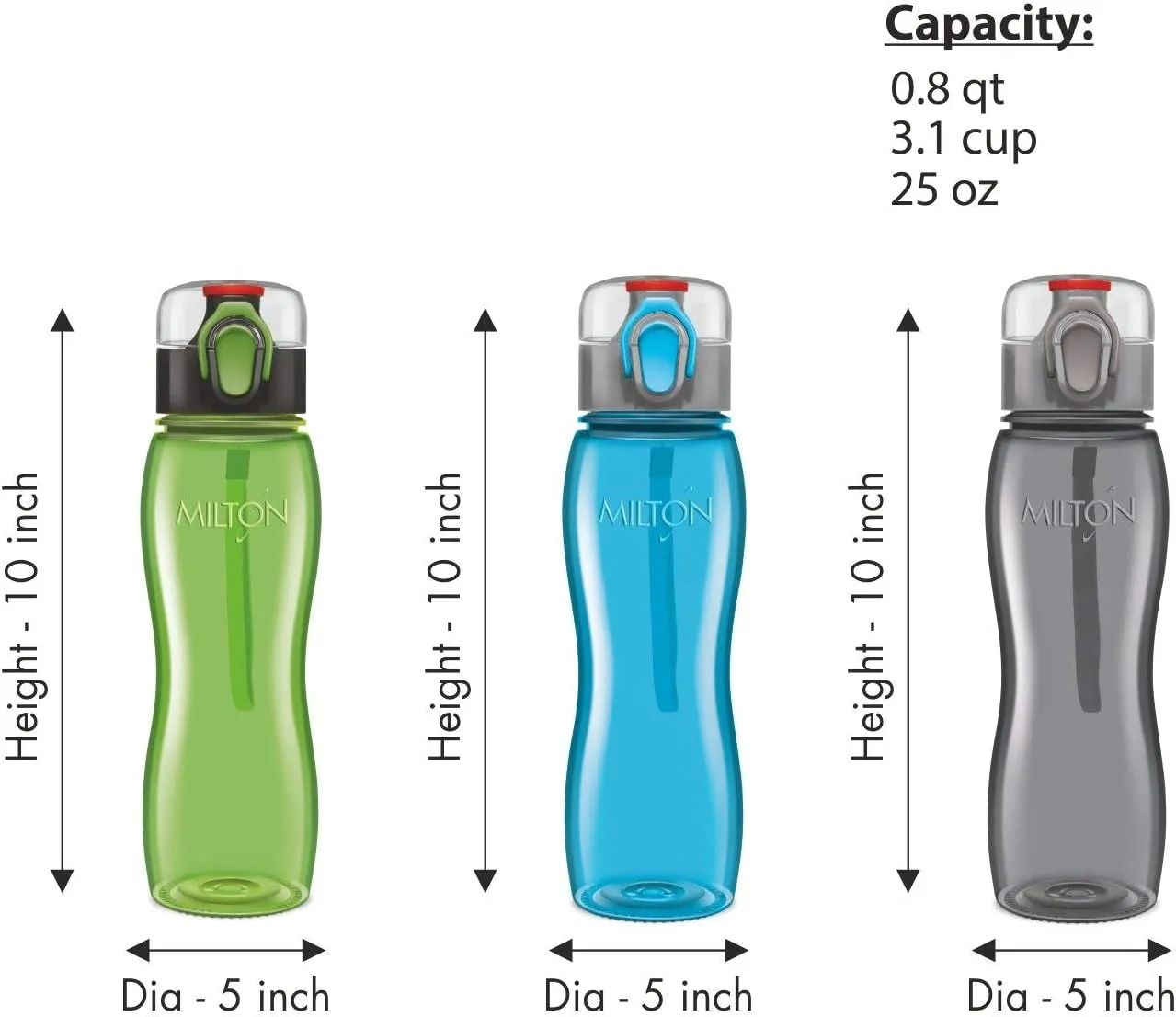 MILTON Kids Water Bottle 3 Pack Triton 25 Oz Large Sports Water Bottle for Men, Women, Kid Wide Mouth Water Bottle with Strap Carry Handle for Bike Gym Running Cycling Multi Color