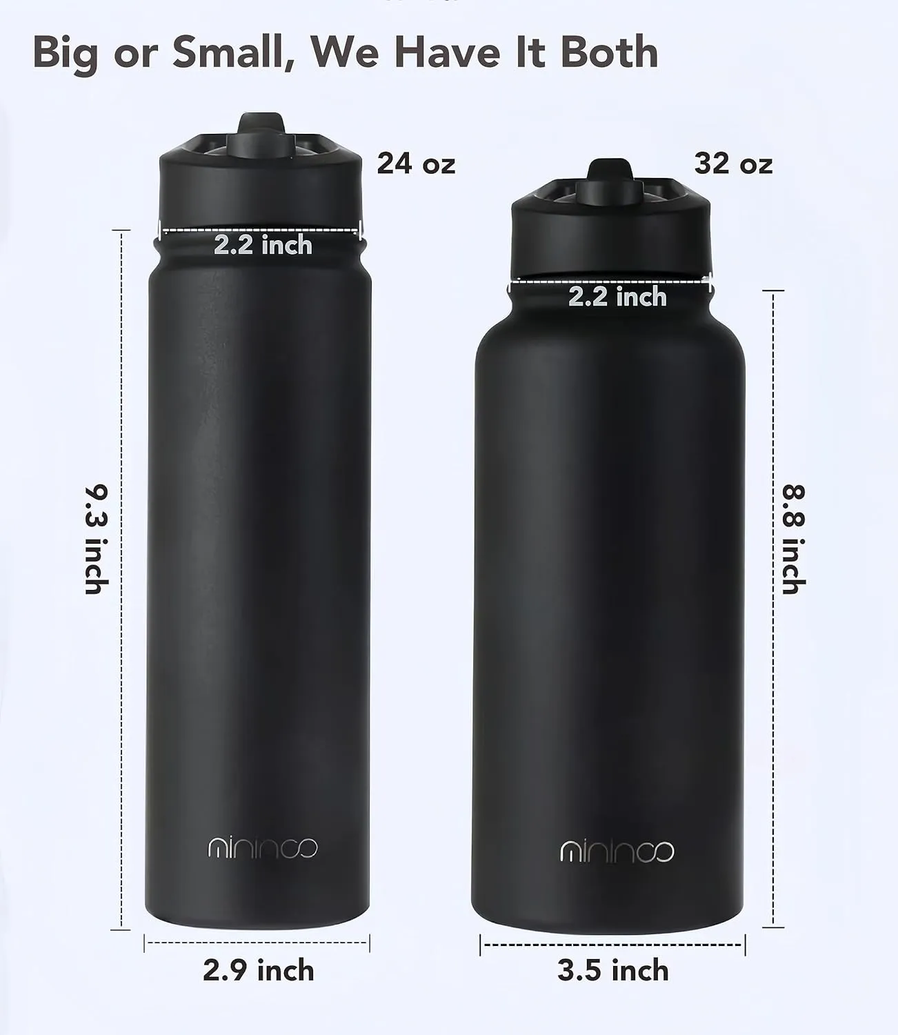 mininoo Insulated Stainless Steel Water Bottle with Straw and Lid for Sports, 24 oz, Black