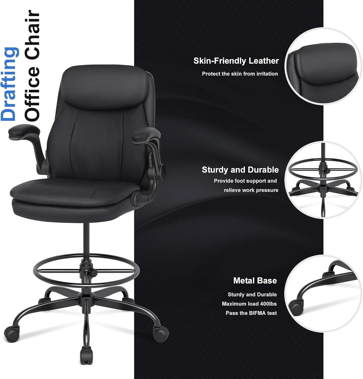 Misolant Drafting Chair, Tall Office Chair for Standing Desk, High Leather Executive Office Chair with Adjustable Height and Flip-up Armrest for Counter Height Desk