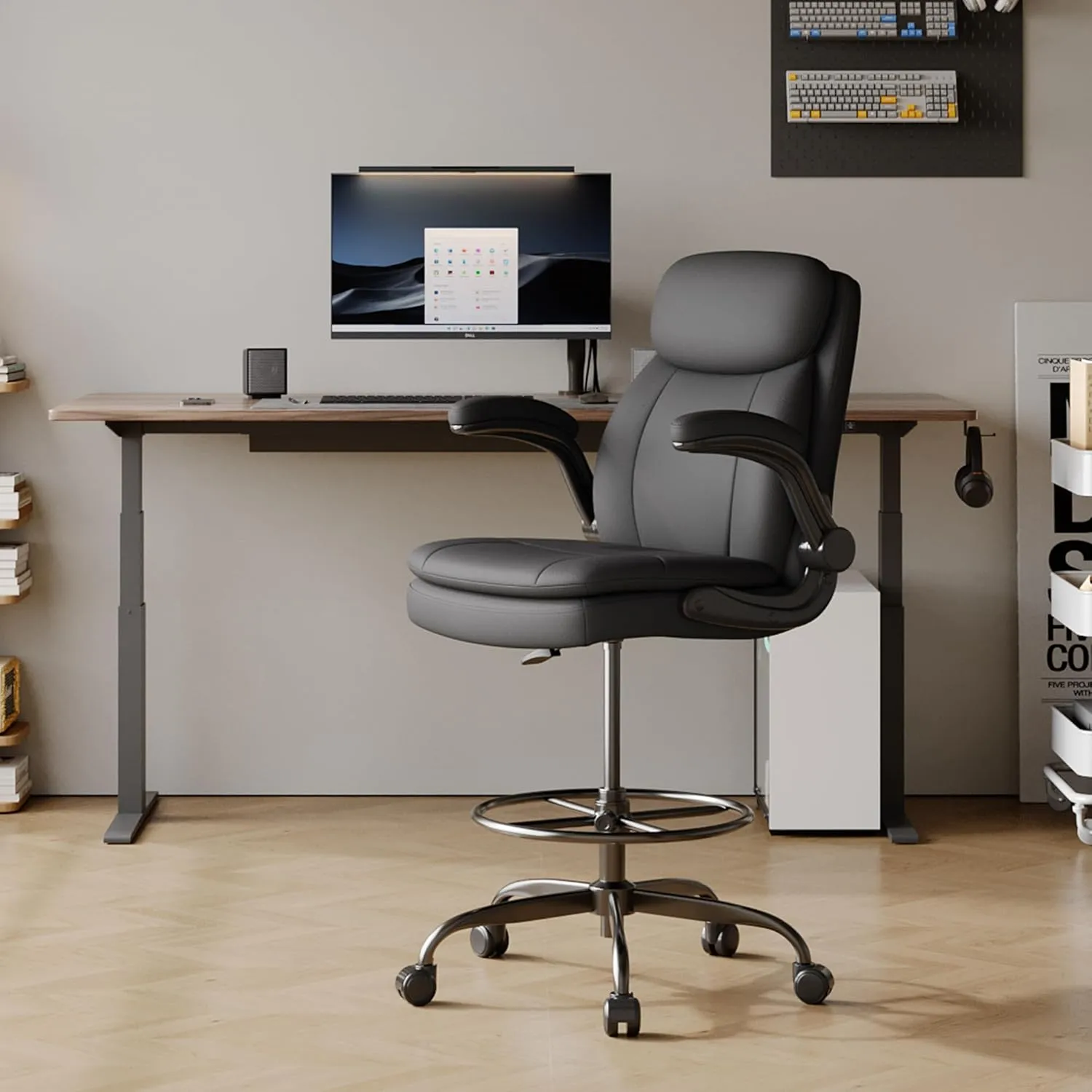 Misolant Drafting Chair, Tall Office Chair for Standing Desk, High Leather Executive Office Chair with Adjustable Height and Flip-up Armrest for Counter Height Desk