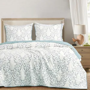 mixinni Quilt King Size Reversible 3-Piece Light Blue Embroidery Pattern Elegant King Size Bedspread Set, (1 Quilt,2 Pillow Shams)