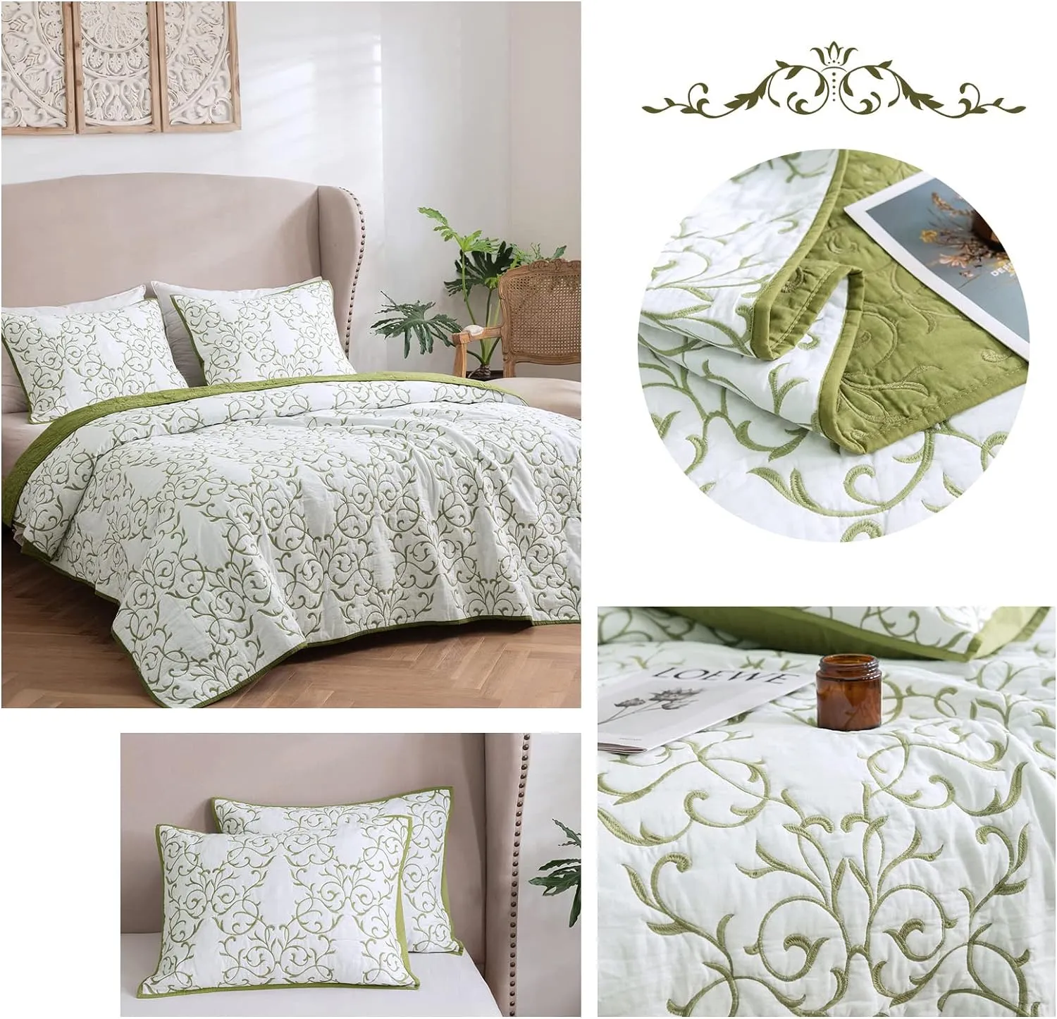 mixinni Reversible 3-Piece Green Embroidery Pattern Elegant Cotton Quilt Set with Embroidered Decorative Shams Soft Bedspread&Coverlet Set-King Size