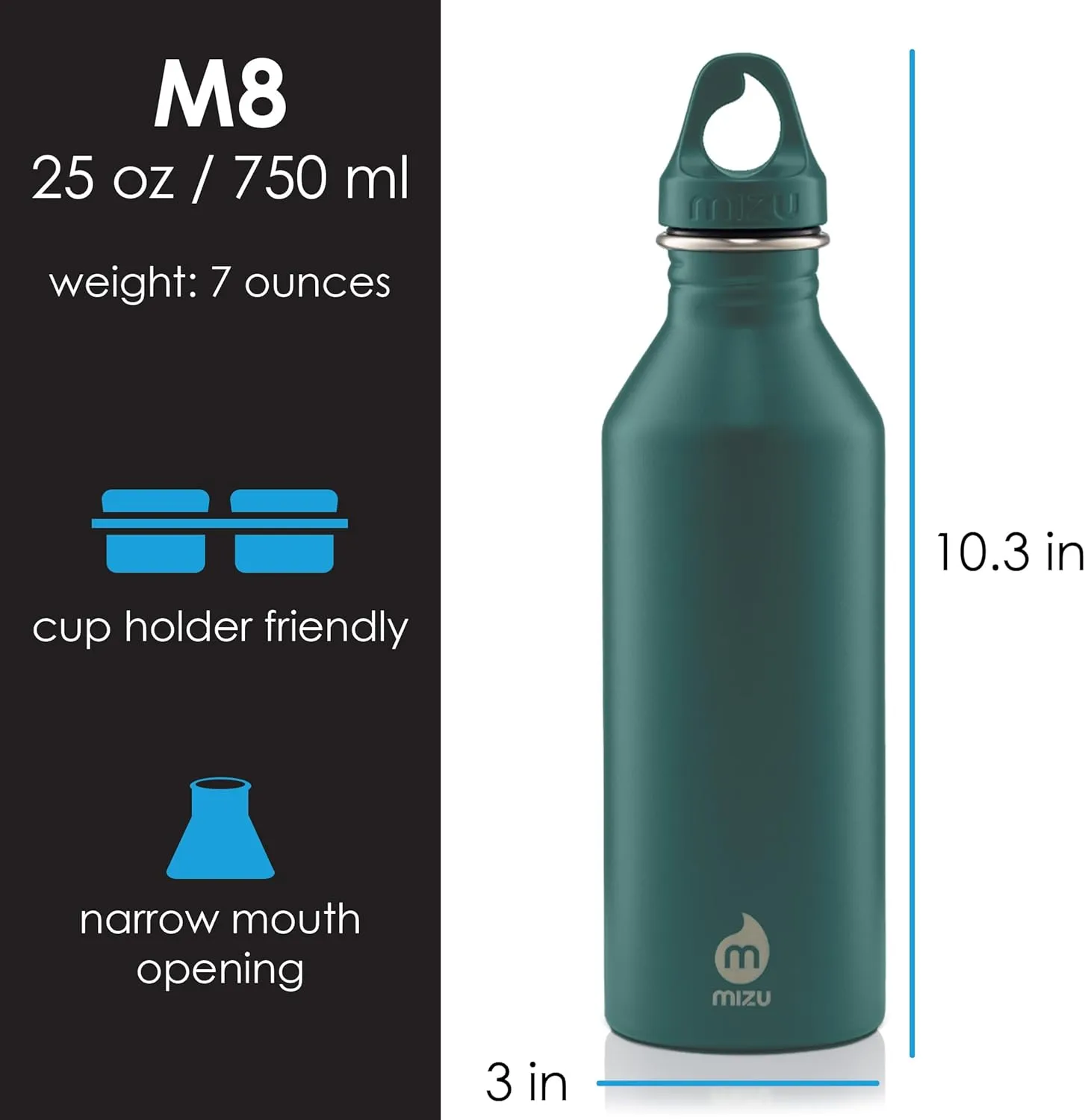 MIZU M8 Bottle - 25 oz / 750 ml Stainless Steel - Blue Green Tourmaline - Sports, Travel, Hiking, Cycling, Fitness, Smoothies, Backpacking - Daily Use, Home, Car, Adventures, Sports, Activities