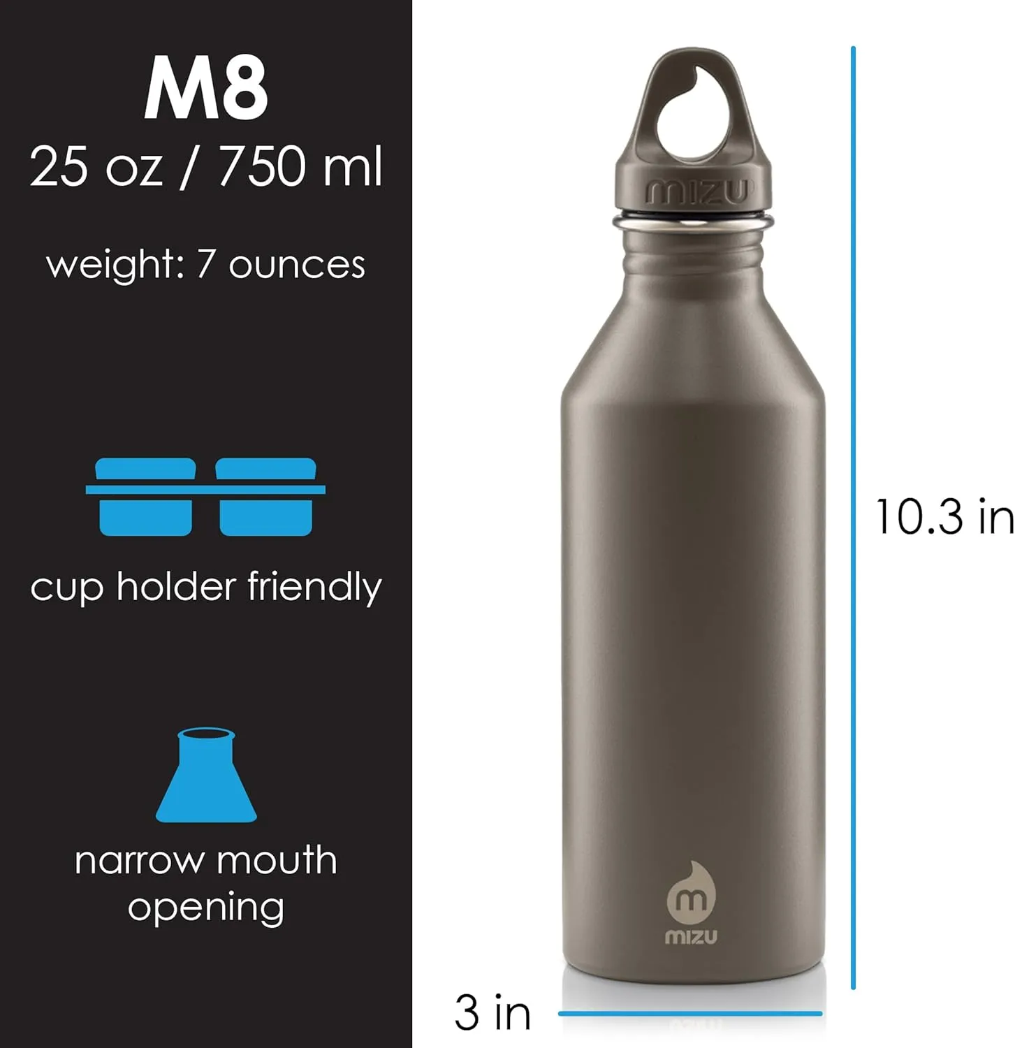 MIZU M8 Bottle - 25 oz / 750 ml, Stainless Steel, Home, Travel, Sports