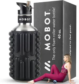 MOBOT Portable Travel Foam Roller Water Bottle with Sip Straw, Stainless Steel Screw Lid | Insulated Sports Water Bottle and Foam Rollers for Yoga, Workout, Home Gym, & Exercise, Black (18 oz)