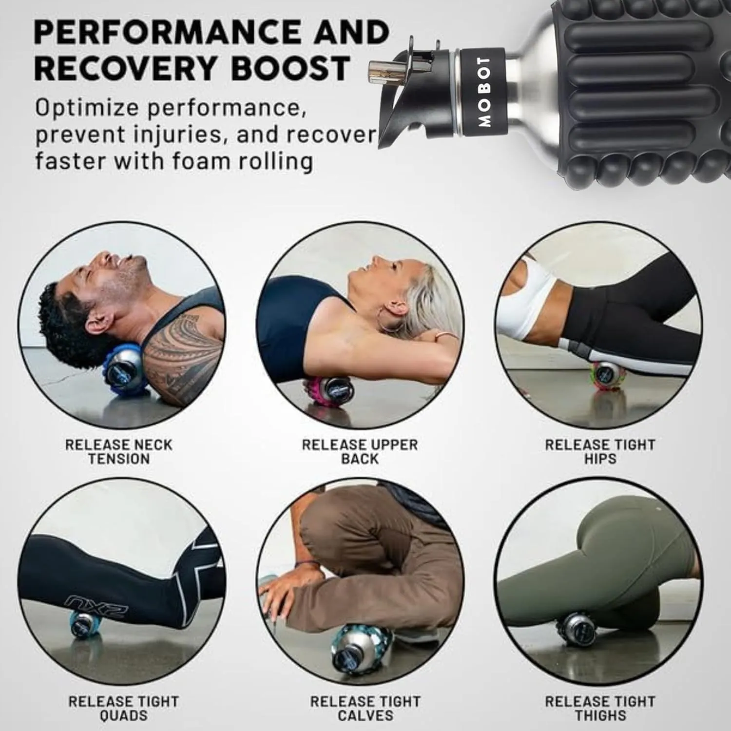 MOBOT Portable Travel Foam Roller Water Bottle with Sip Straw, Stainless Steel Screw Lid | Insulated Sports Water Bottle and Foam Rollers for Yoga, Workout, Home Gym, & Exercise, Black (18 oz)