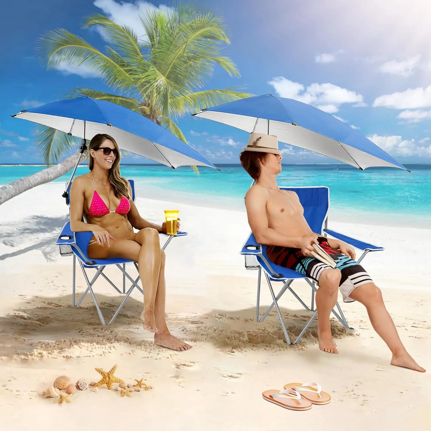 Moclever Foldable Beach Chair with Adjustable Umbrella, Wide Seat & High Backrest, Portable Camping Chair with Cup Holder & Carry Bag for Beach, Poolside, Lawn, Travel, and Outdoor Activities – Blue
