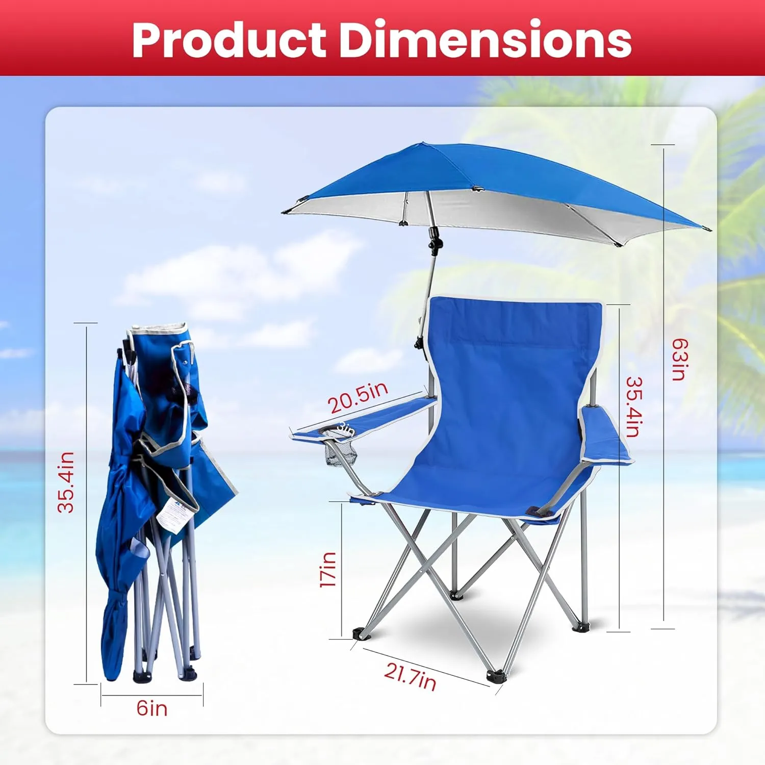 Moclever Foldable Beach Chair with Adjustable Umbrella, Wide Seat & High Backrest, Portable Camping Chair with Cup Holder & Carry Bag for Beach, Poolside, Lawn, Travel, and Outdoor Activities – Blue