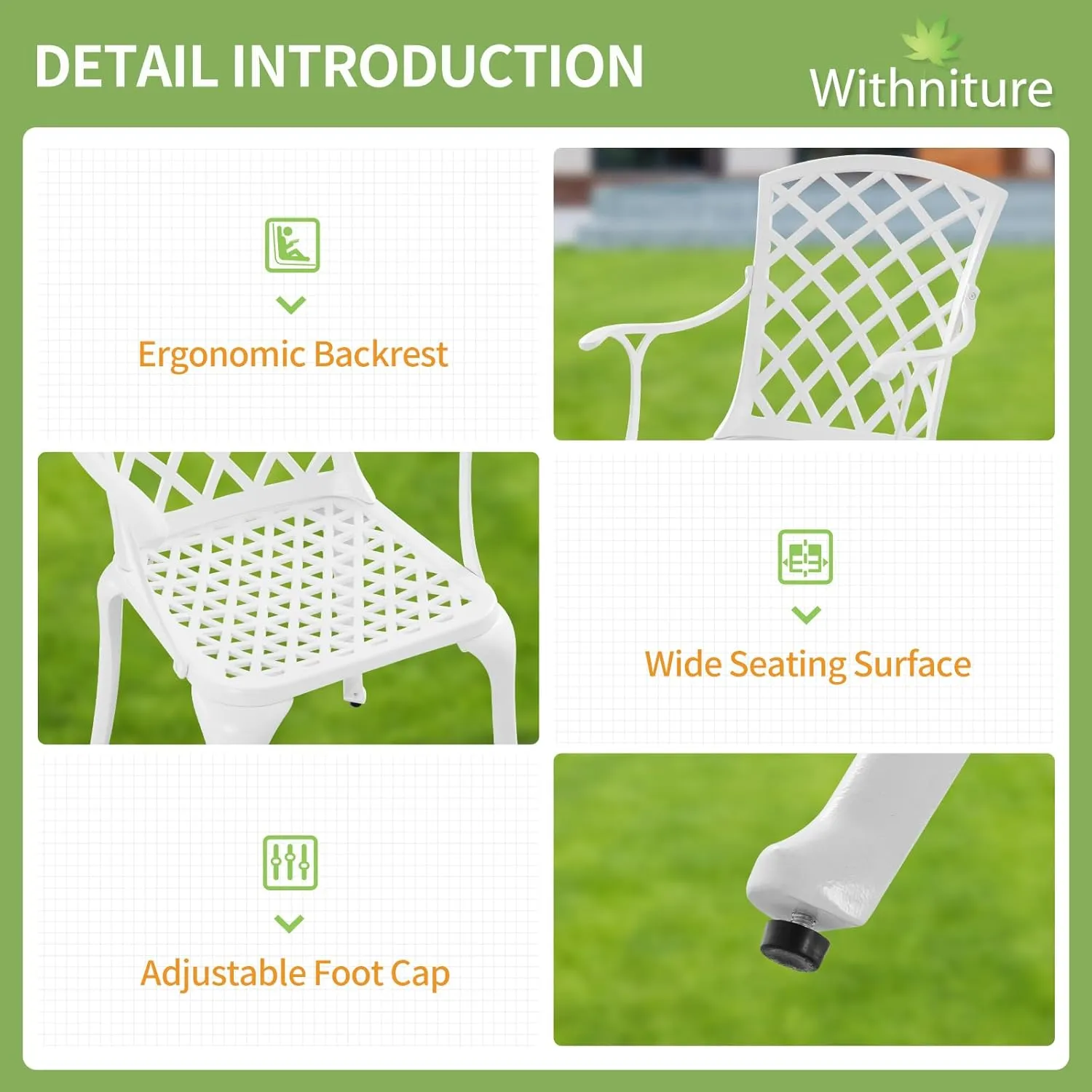 Modern Aluminum Patio Chairs, Indoor/Outdoor Dining Chairs, Metal Chairs for Bistro Patio or Restaurant, Set of 2, White