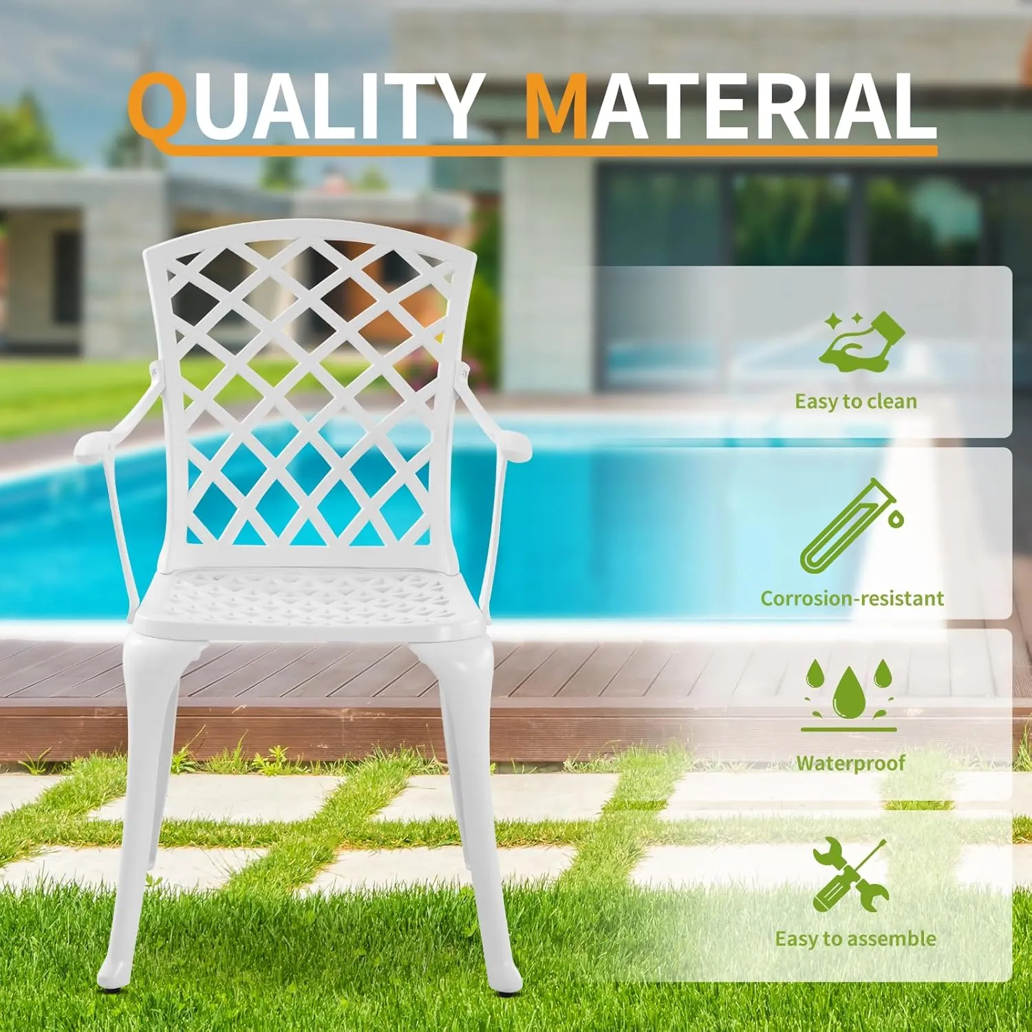 Modern Aluminum Patio Chairs, Indoor/Outdoor Dining Chairs, Metal Chairs for Bistro Patio or Restaurant, Set of 2, White