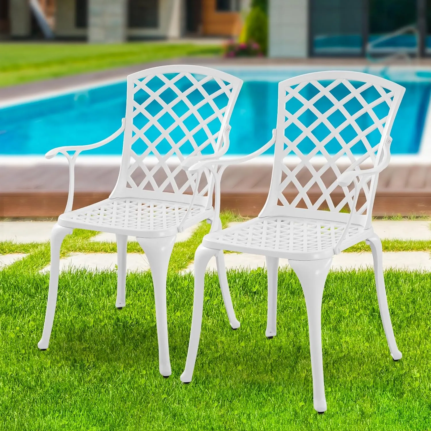 Modern Aluminum Patio Chairs, Indoor/Outdoor Dining Chairs, Metal Chairs for Bistro Patio or Restaurant, Set of 2, White