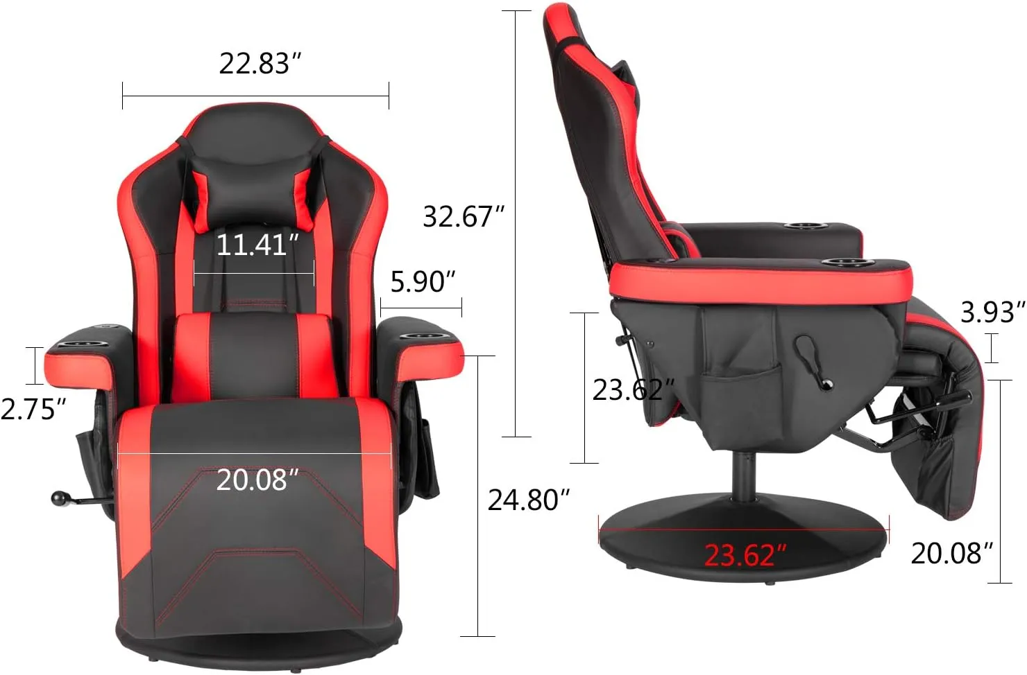 Modern-Depo Black Red Gaming Recliner Chair with Massage, Speakers, Cup Holders, Adjustable Backrest and Footrest, PU Leather, 264.5 lbs Capacity