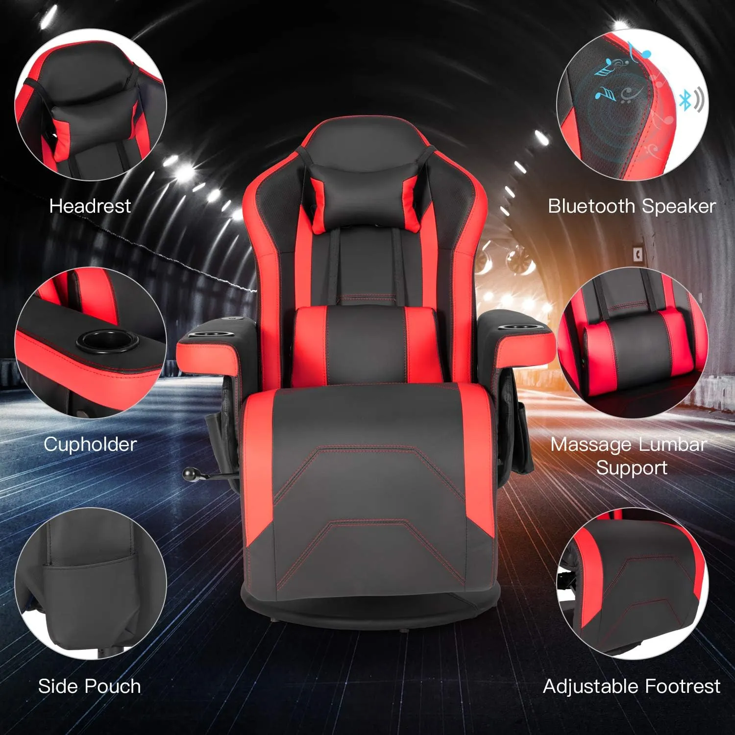 Modern-Depo Black Red Gaming Recliner Chair with Massage, Speakers, Cup Holders, Adjustable Backrest and Footrest, PU Leather, 264.5 lbs Capacity