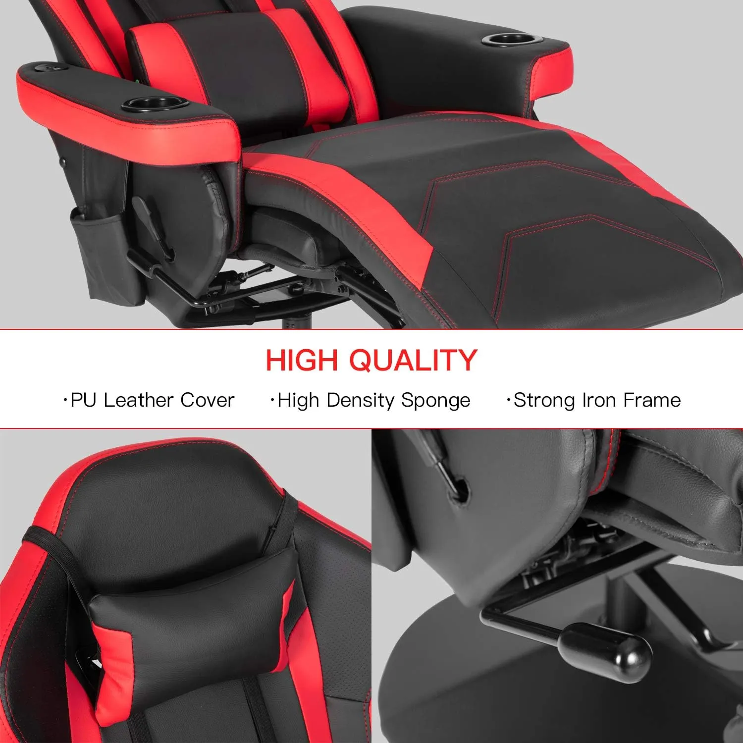 Modern-Depo Black Red Gaming Recliner Chair with Massage, Speakers, Cup Holders, Adjustable Backrest and Footrest, PU Leather, 264.5 lbs Capacity