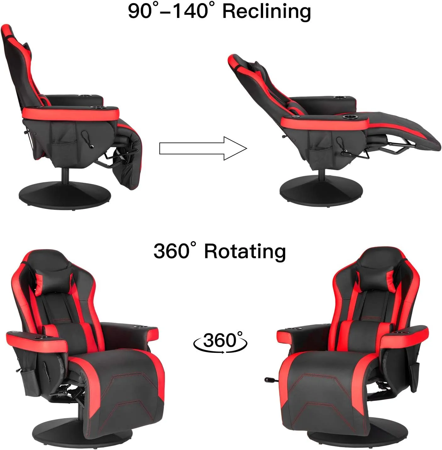 Modern-Depo Black Red Gaming Recliner Chair with Massage, Speakers, Cup Holders, Adjustable Backrest and Footrest, PU Leather, 264.5 lbs Capacity