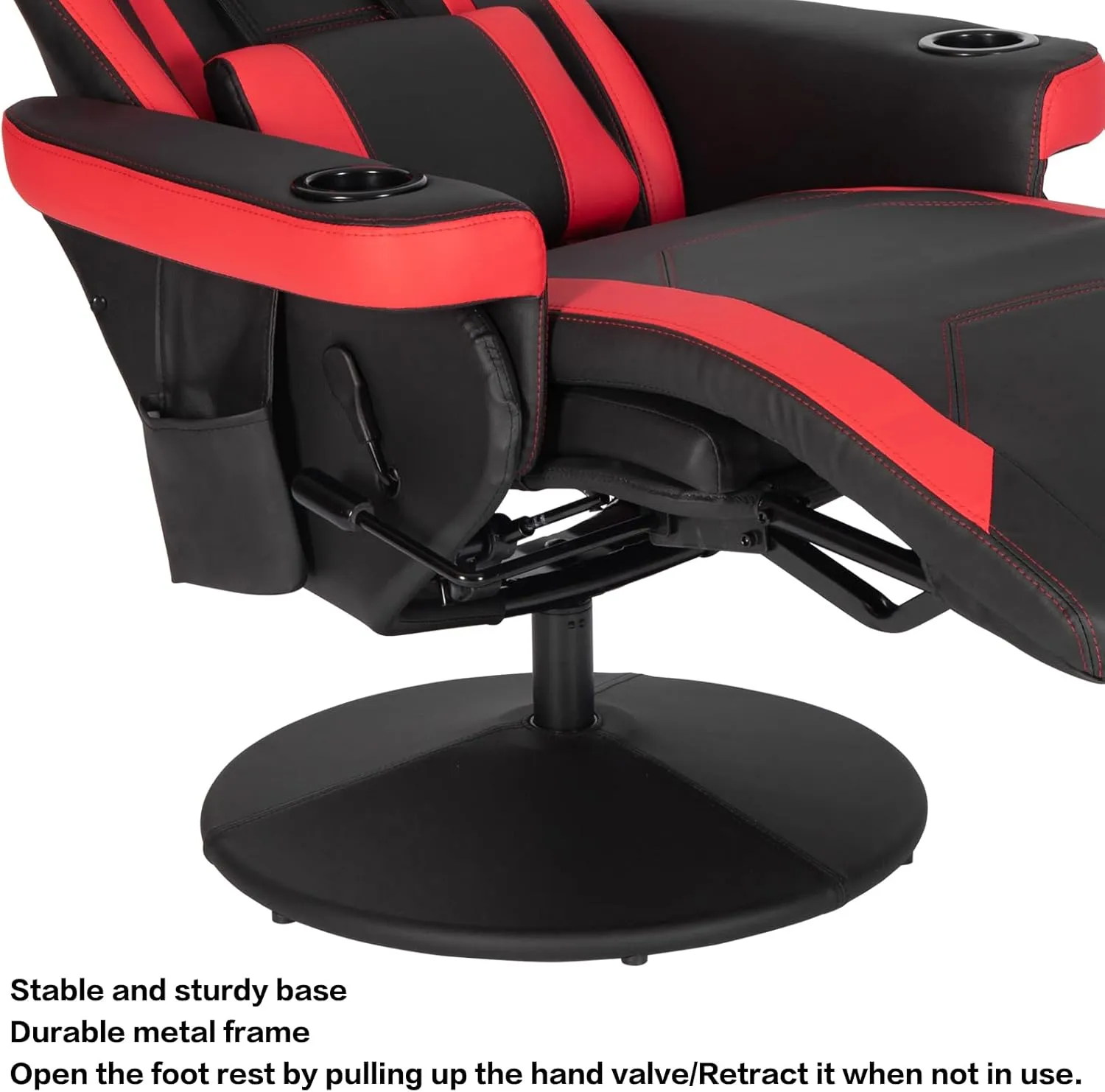 Modern-Depo Black Red Gaming Recliner Chair with Massage, Speakers, Cup Holders, Adjustable Backrest and Footrest, PU Leather, 264.5 lbs Capacity