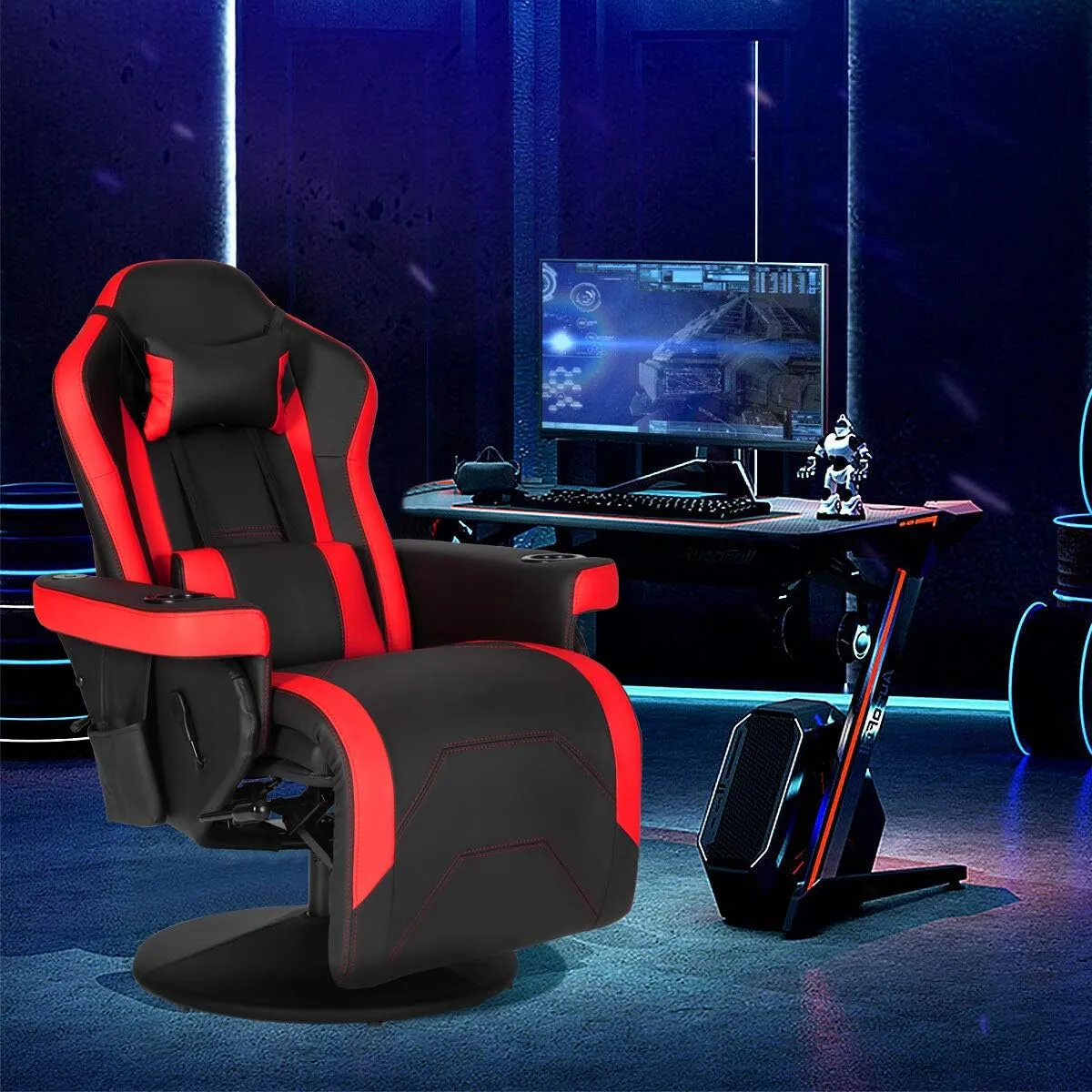 Modern-Depo Black Red Gaming Recliner Chair with Massage, Speakers, Cup Holders, Adjustable Backrest and Footrest, PU Leather, 264.5 lbs Capacity