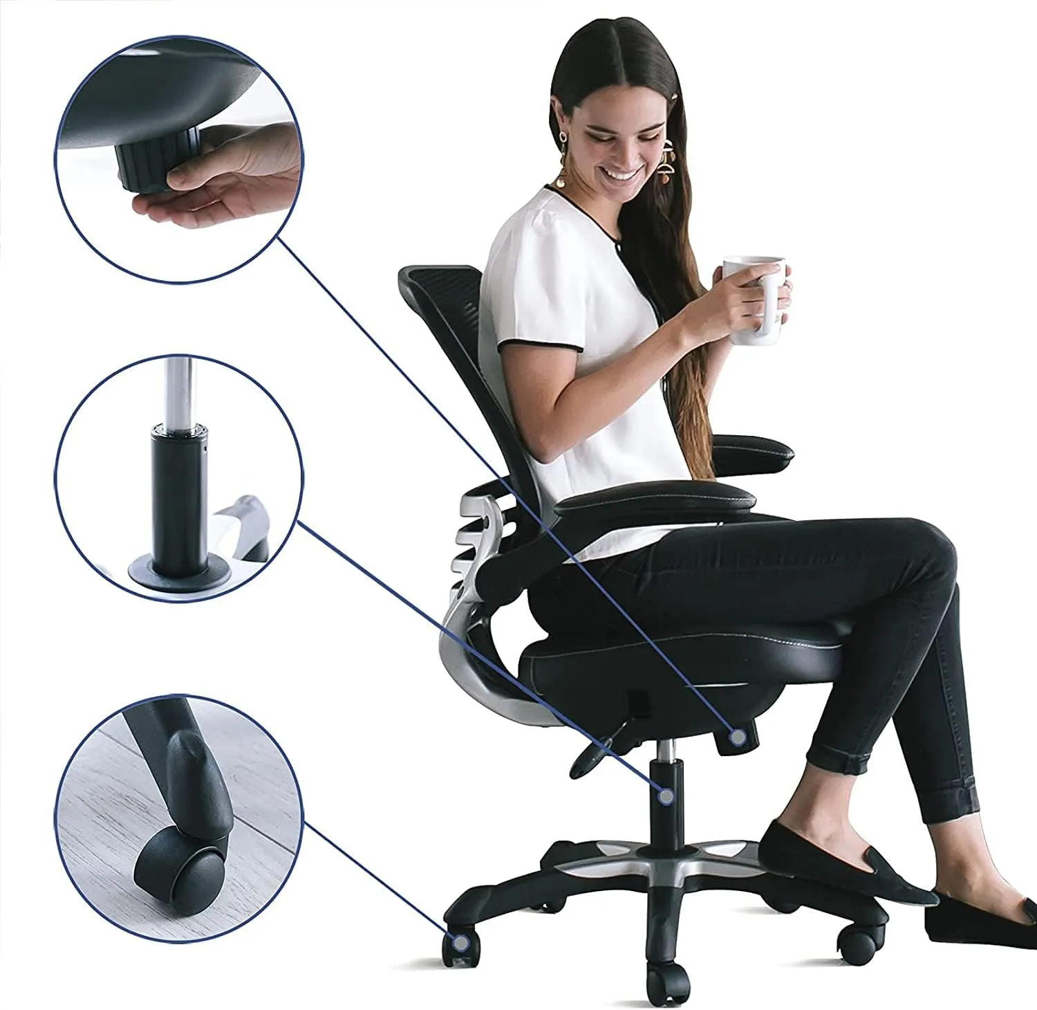 Modway Edge Mesh Back and White Vinyl Seat Office Chair With Flip-Up Arms - Computer Desks in Black