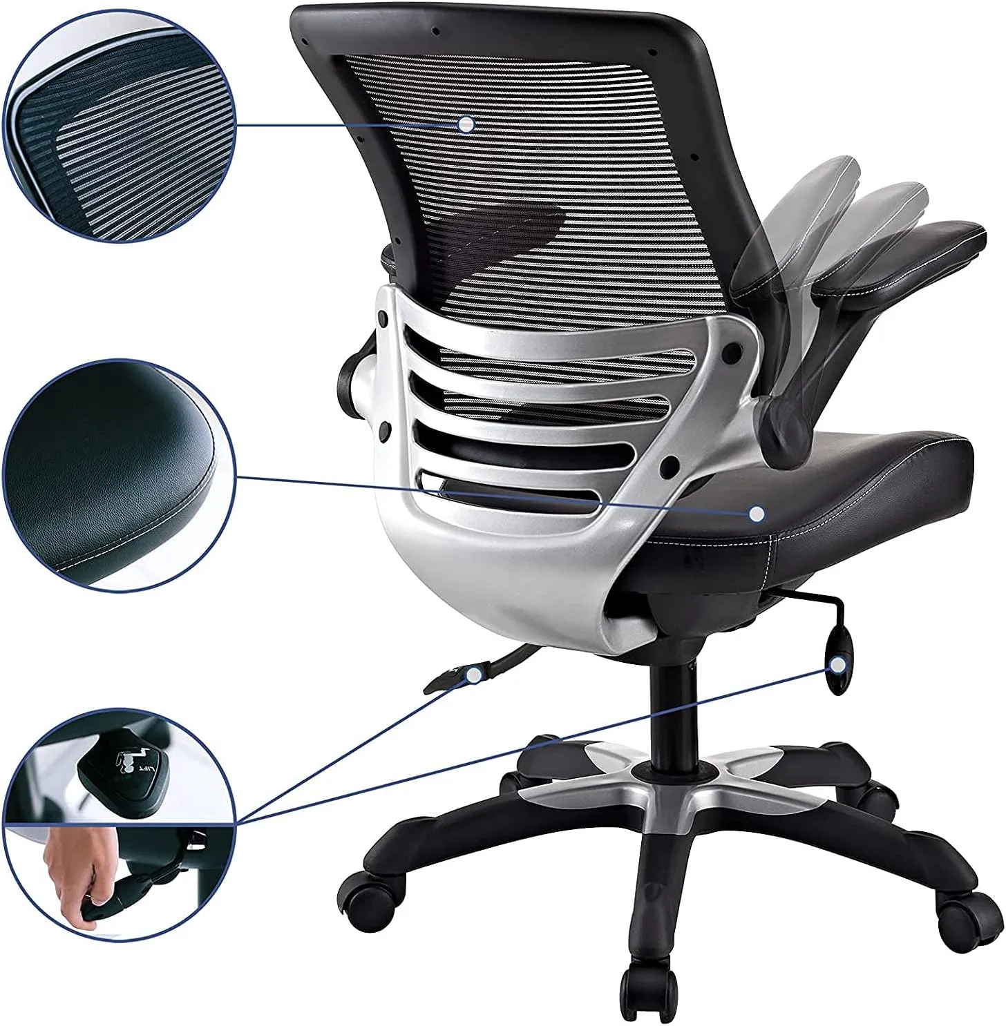 Modway Edge Mesh Back and White Vinyl Seat Office Chair With Flip-Up Arms - Computer Desks in Black