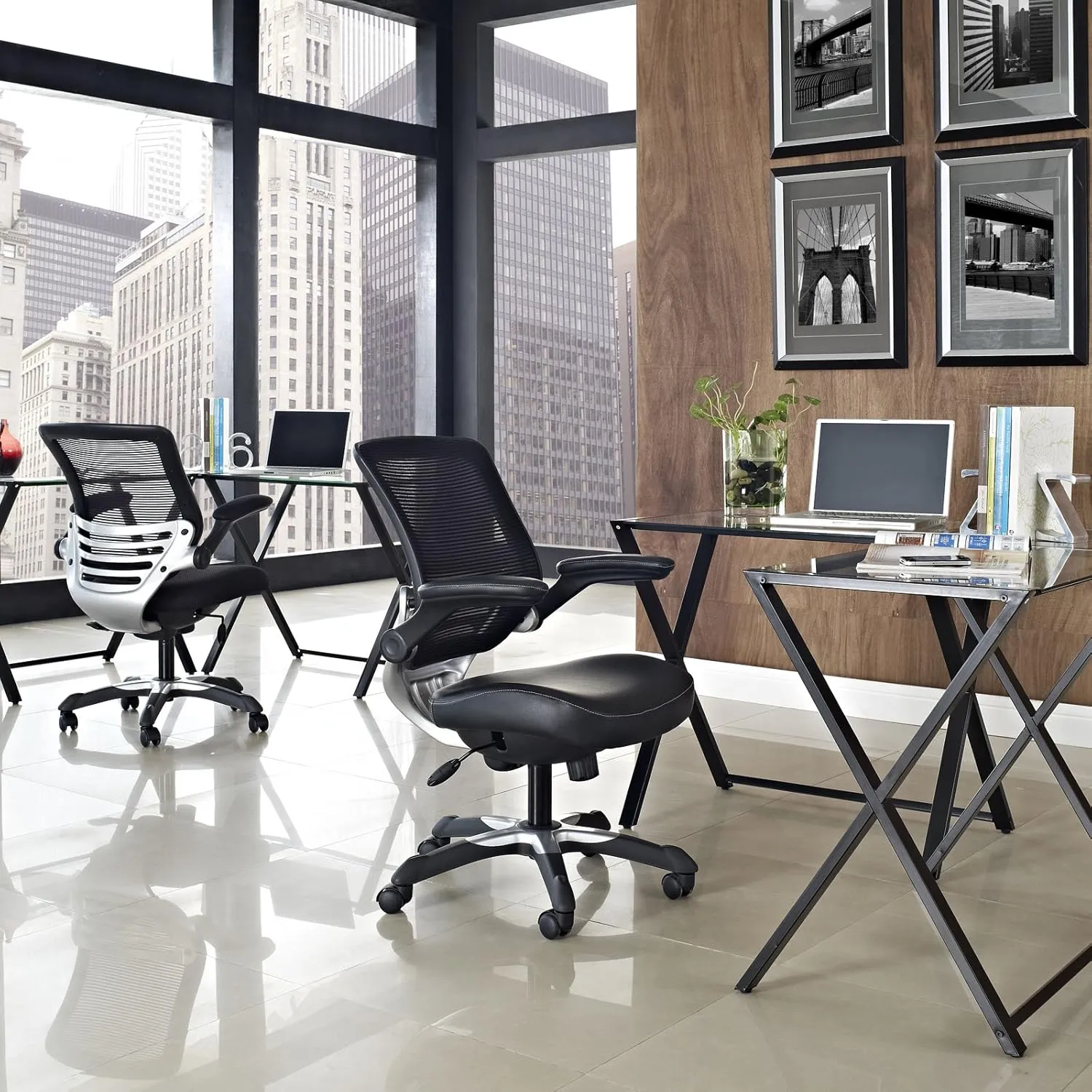 Modway Edge Mesh Back and White Vinyl Seat Office Chair With Flip-Up Arms - Computer Desks in Black