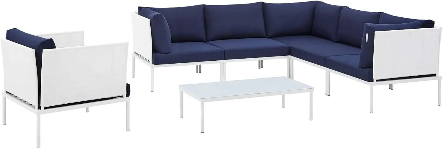 Modway EEI-4936-WHI-NAV-SET Harmony Sunbrella White Navy Outdoor Patio Aluminum Sectional Sofa, 7-Piece Set