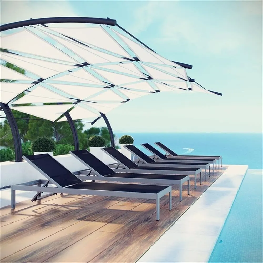 Modway Shore Aluminum Textilene® Mesh Outdoor Patio Six Poolside Chaise Lounge Chairs in Silver Black