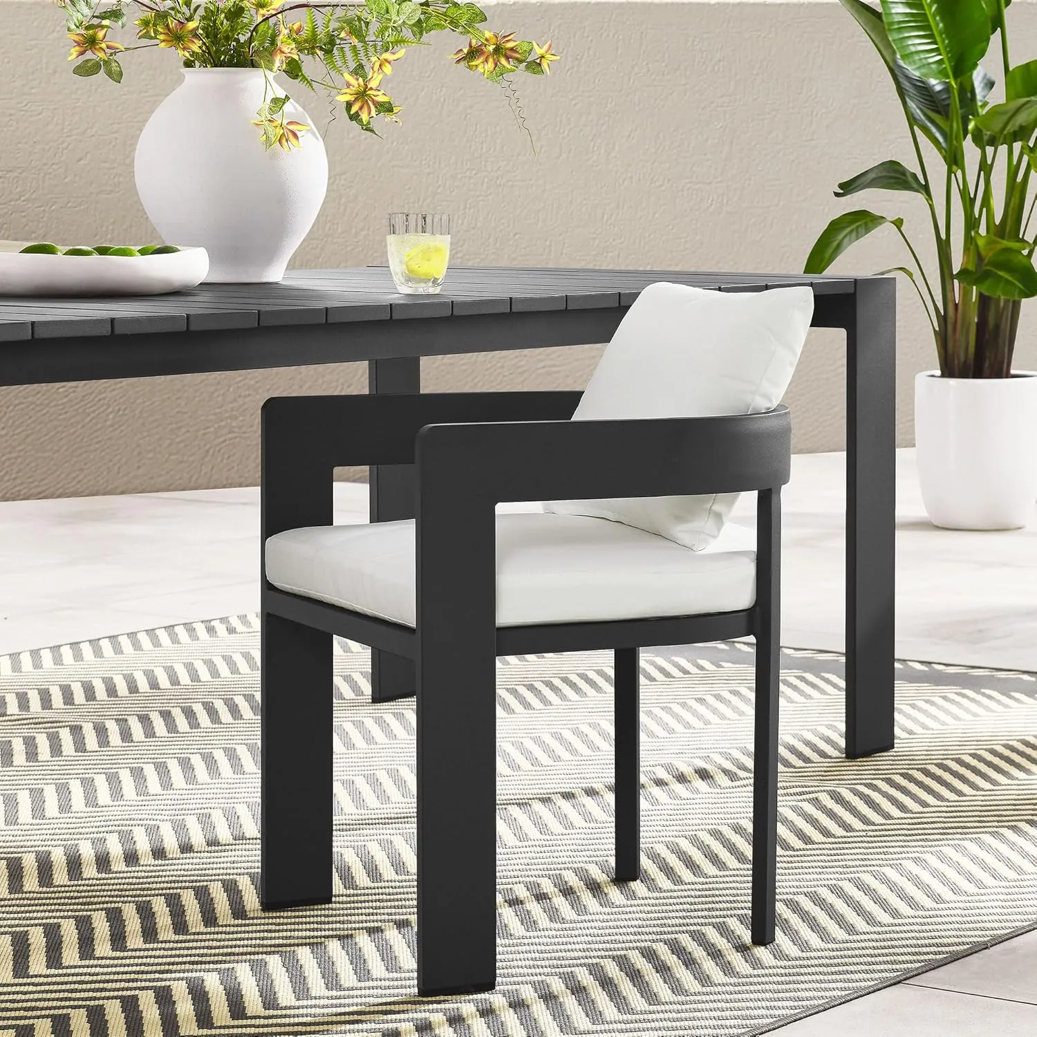 Modway Tahoe Outdoor Patio Powder-Coated Aluminum Fabric Dining Chair in Gray White - Patio Metal Dining Chair with Cushions - Accent Armchair - Dining Chair with Armrests - Modern Outdoor Seating