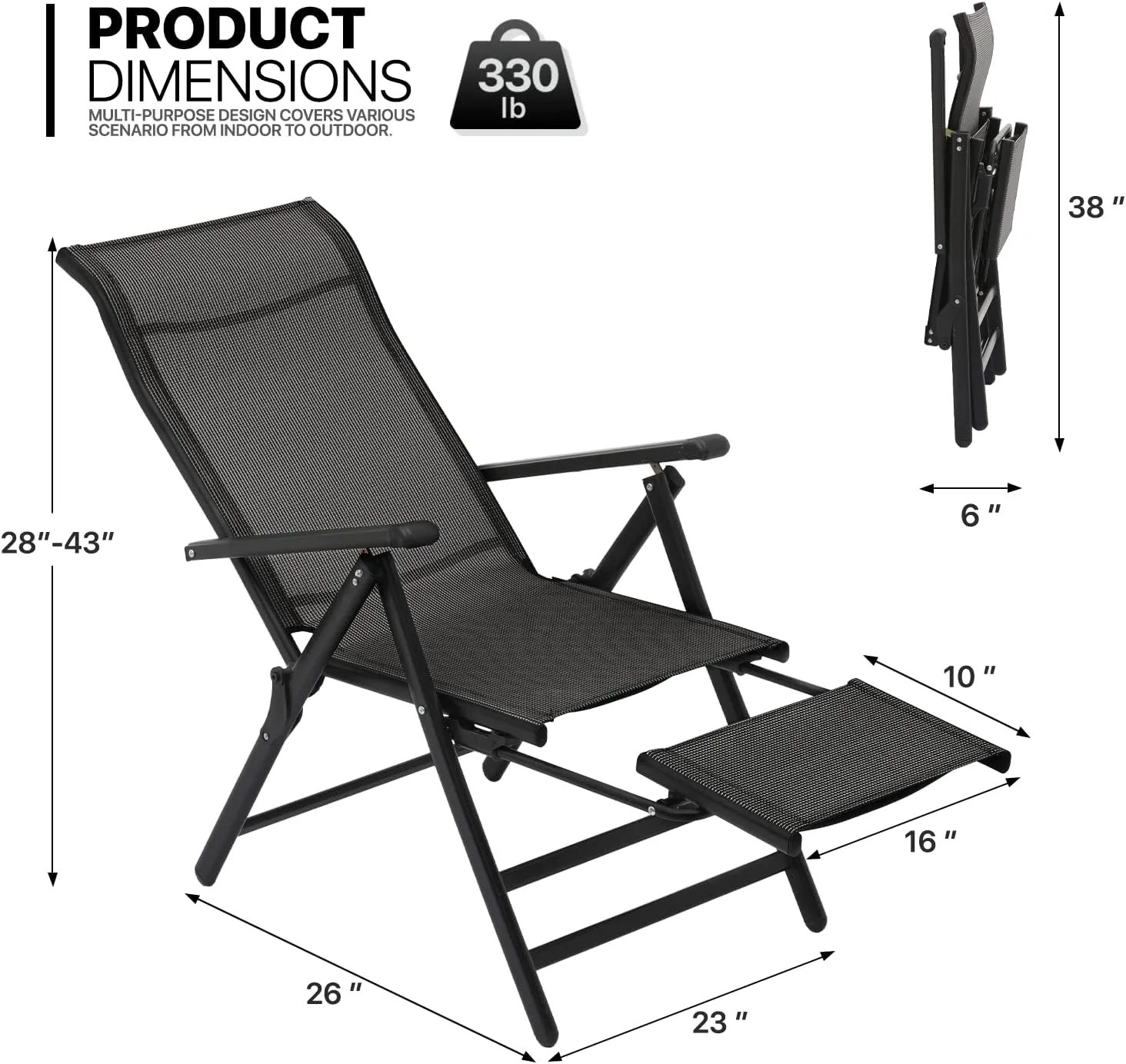 MoNiBloom 3 in 1 Outdoor Lounge Chairs Set of 2 Folding Recliner Patio Lounge Chair with Retractable Footrest, Furniture Outdoor Large Angle Adjustment Chair for Deck Patio Beach Yard, 330lbs