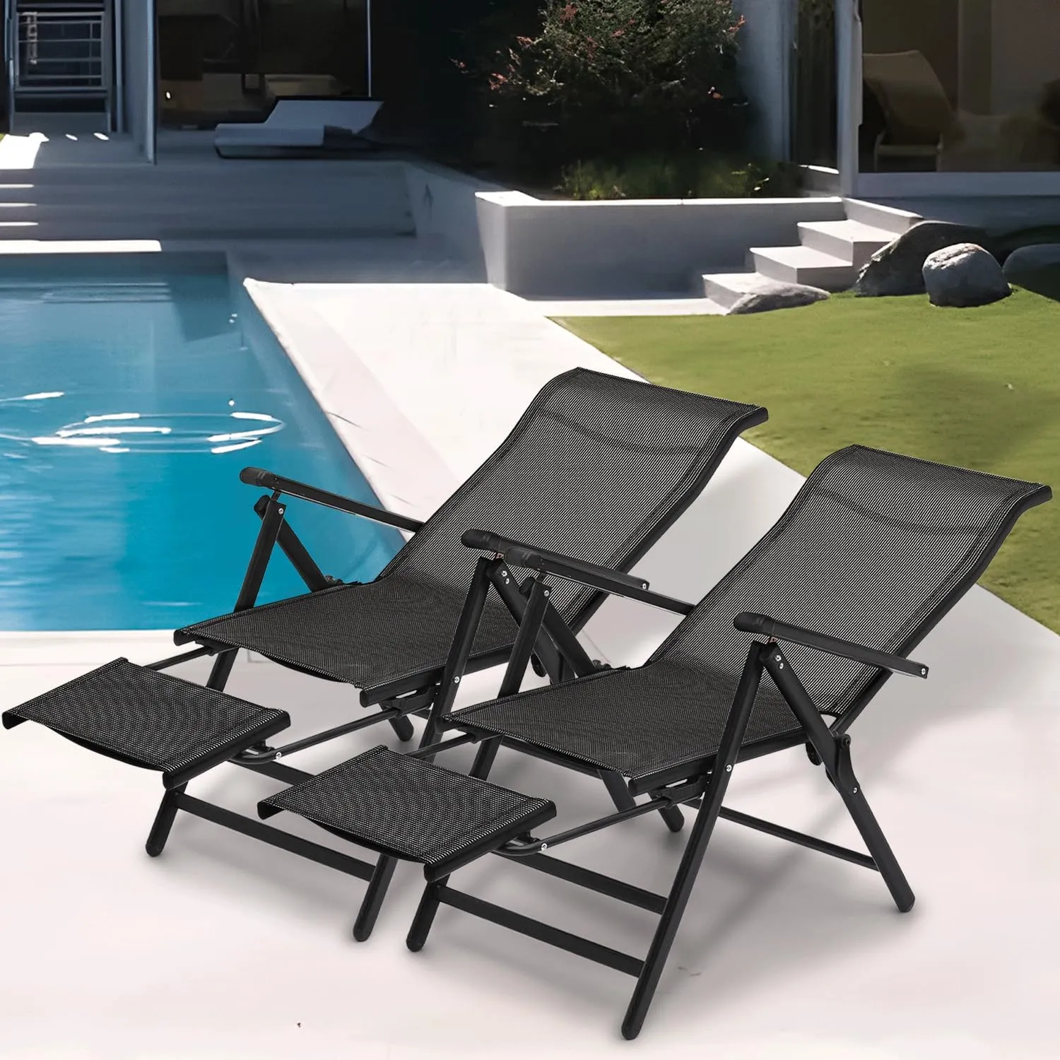 MoNiBloom 3 in 1 Outdoor Lounge Chairs Set of 2 Folding Recliner Patio Lounge Chair with Retractable Footrest, Furniture Outdoor Large Angle Adjustment Chair for Deck Patio Beach Yard, 330lbs