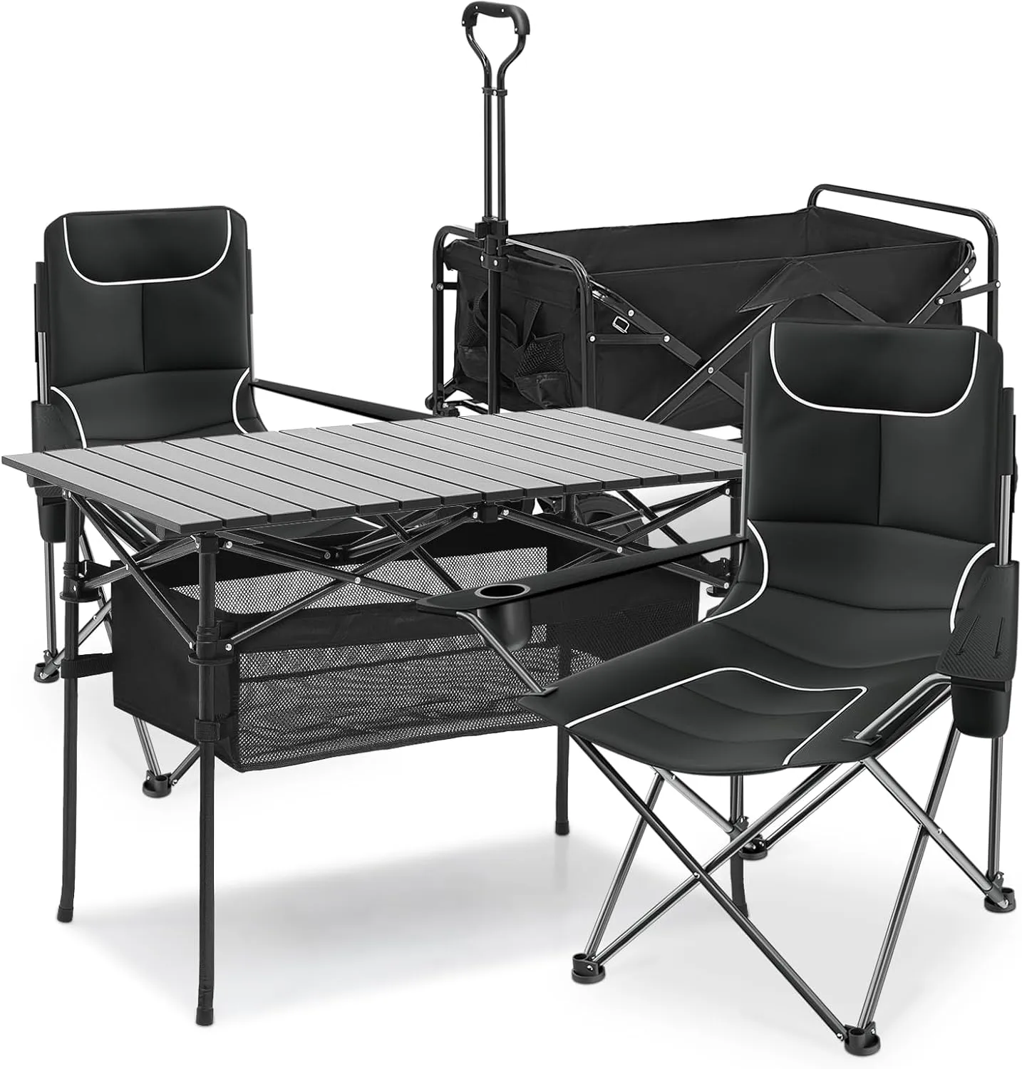 MoNiBloom Camping Chair Set of 2 Compact Backpacking Adjustable Height Folding Chair and 37.5" Length Steel Folding Picnic Table Portable Roll Up Table with Folding Cart Wagon for Camping Fishing