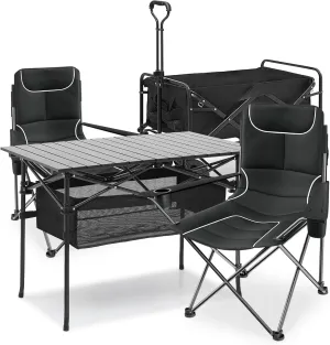 MoNiBloom Camping Chair Set of 2 Compact Backpacking Adjustable Height Folding Chair and 37.5" Length Steel Folding Picnic Table Portable Roll Up Table with Folding Cart Wagon for Camping Fishing