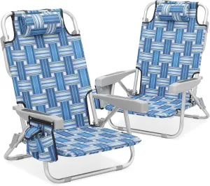 MoNiBloom Low Profile Seat Lightweight Portable Folding Beach Chair with Cup Holder Cooler Bag Heavy-Duty Outdoor Lawn Concert Travel Picnic Hiking Camping Sand Chair for Adults (Blue Stripes, 2-Pack)