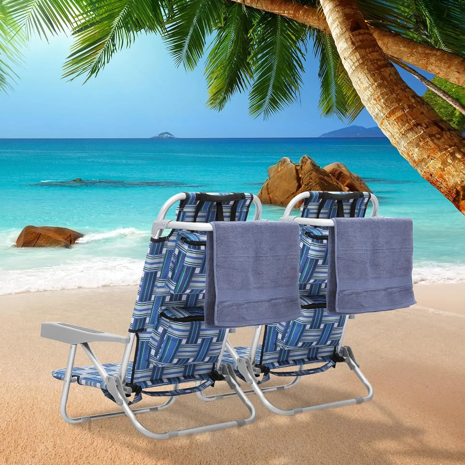 MoNiBloom Low Profile Seat Lightweight Portable Folding Beach Chair with Cup Holder Cooler Bag Heavy-Duty Outdoor Lawn Concert Travel Picnic Hiking Camping Sand Chair for Adults (Blue Stripes, 2-Pack)