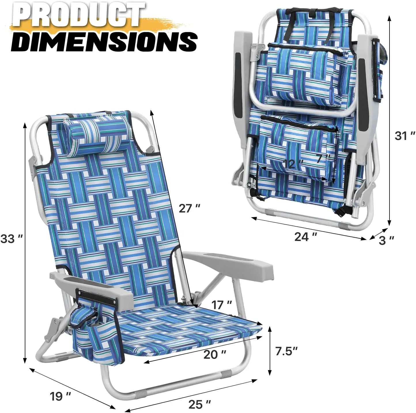 MoNiBloom Low Profile Seat Lightweight Portable Folding Beach Chair with Cup Holder Cooler Bag Heavy-Duty Outdoor Lawn Concert Travel Picnic Hiking Camping Sand Chair for Adults (Blue Stripes, 2-Pack)