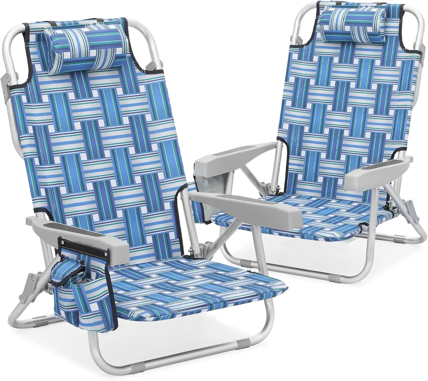 MoNiBloom Low Profile Seat Lightweight Portable Folding Beach Chair with Cup Holder Cooler Bag Heavy-Duty Outdoor Lawn Concert Travel Picnic Hiking Camping Sand Chair for Adults (Blue Stripes, 2-Pack)