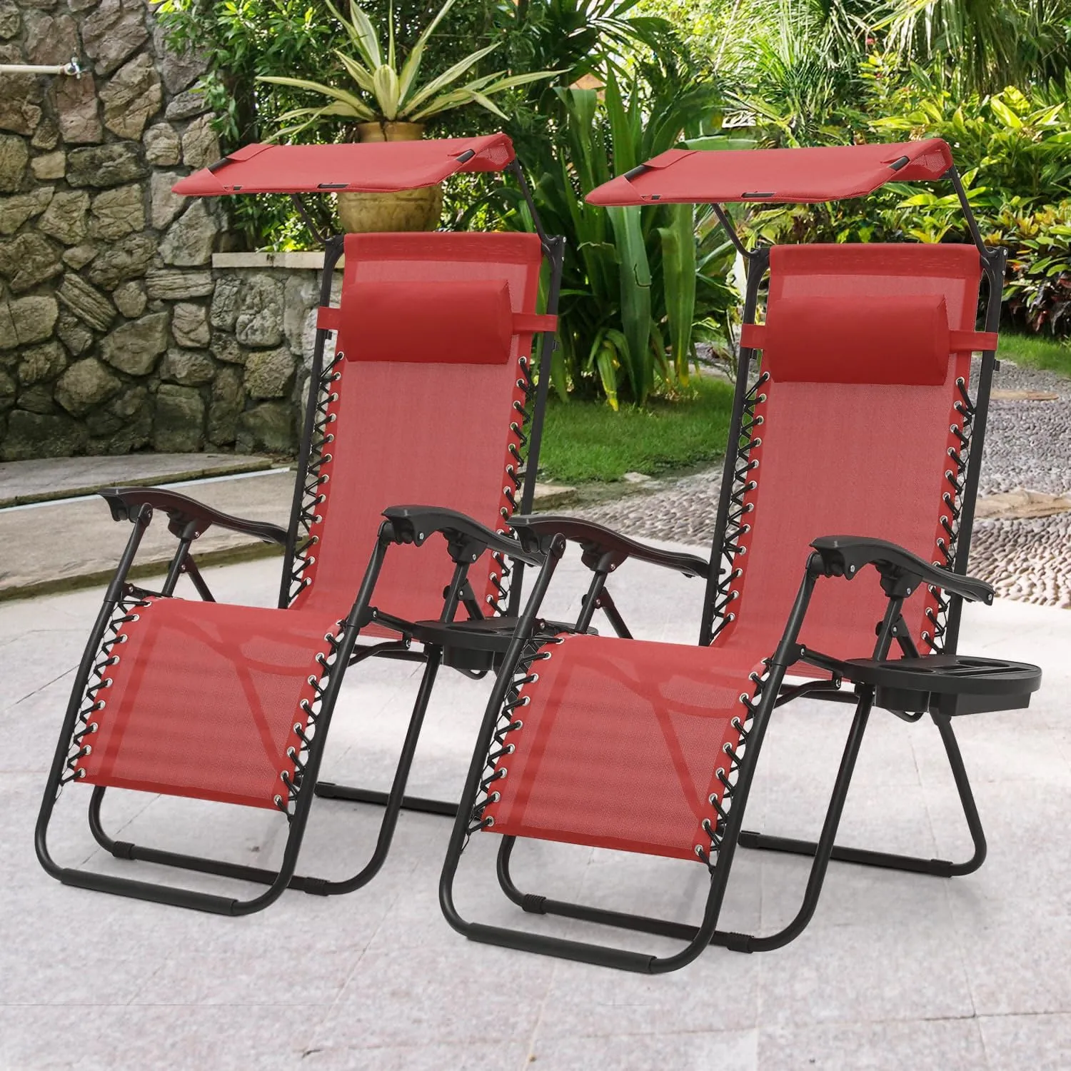 MoNiBloom Zero Gravity Chair Set of 2 with Canopy Shade, Patio Folding Anti Gravity Recliner, Foldable Outdoor Lounger with Cup Holder Tray for Beach Camping, Maroon
