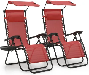 MoNiBloom Zero Gravity Chair Set of 2 with Canopy Shade, Patio Folding Anti Gravity Recliner, Foldable Outdoor Lounger with Cup Holder Tray for Beach Camping, Maroon