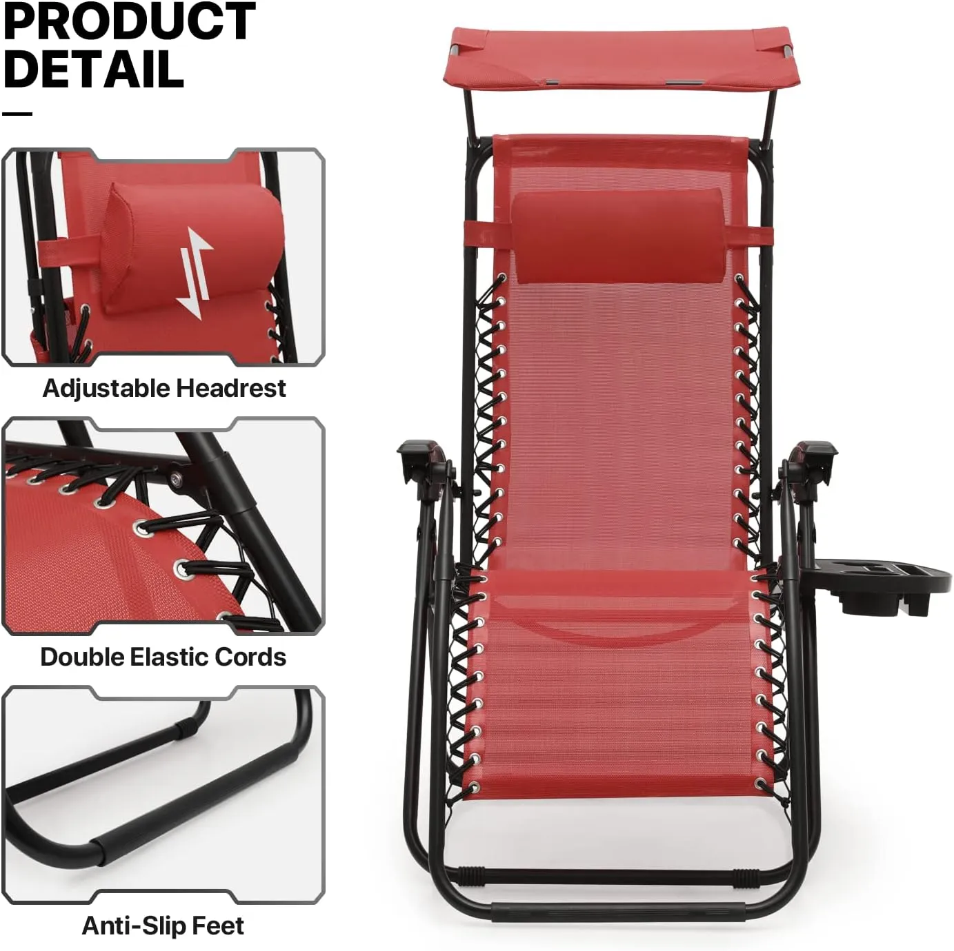 MoNiBloom Zero Gravity Chair Set of 2 with Canopy Shade, Patio Folding Anti Gravity Recliner, Foldable Outdoor Lounger with Cup Holder Tray for Beach Camping, Maroon