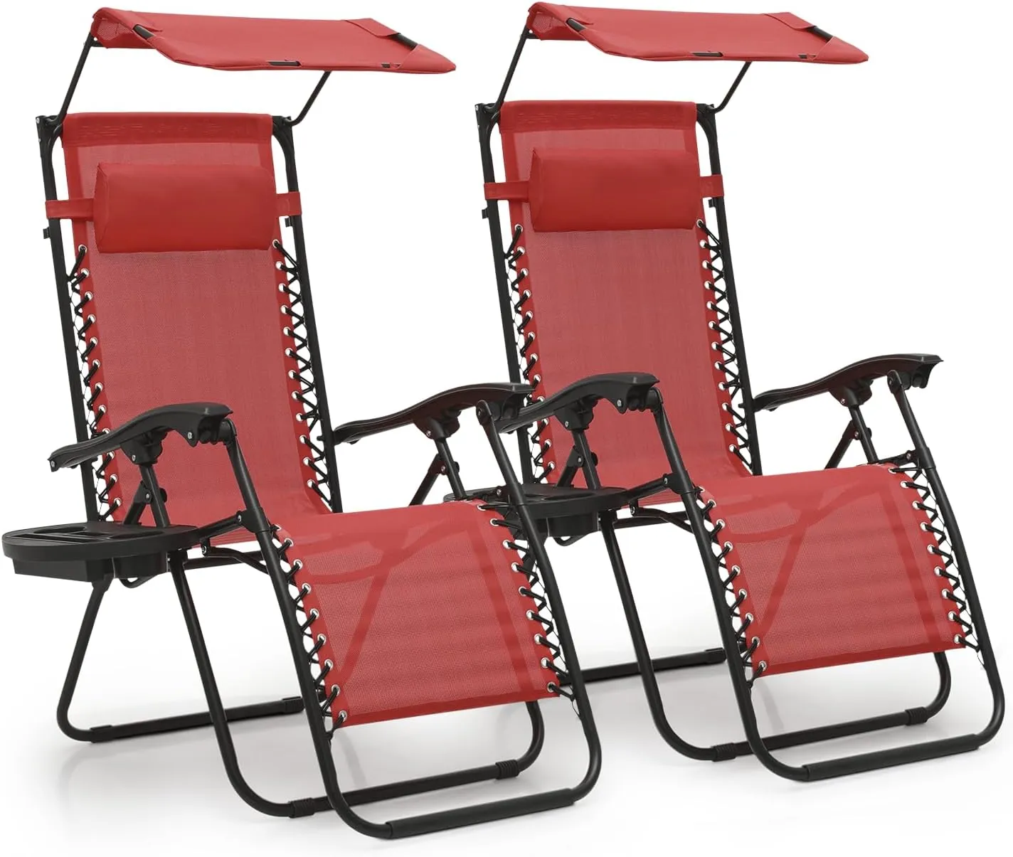 MoNiBloom Zero Gravity Chair Set of 2 with Canopy Shade, Patio Folding Anti Gravity Recliner, Foldable Outdoor Lounger with Cup Holder Tray for Beach Camping, Maroon