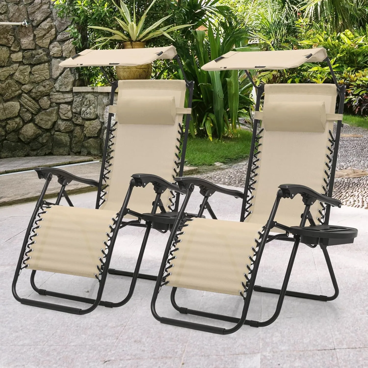 MoNiBloom Zero Gravity Chair with Canopy Shade, Patio Anti Gravity Recliner, Foldable Outdoor Lounger with Cup Holder Tray and Headrest for Beach Camping, Cream