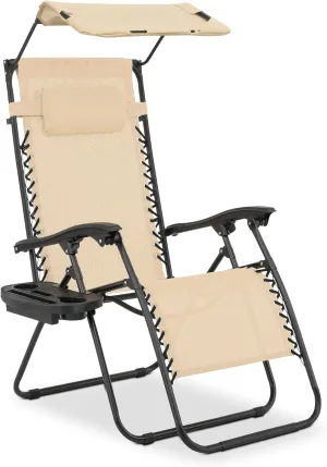 MoNiBloom Zero Gravity Chair with Canopy Shade, Patio Anti Gravity Recliner, Foldable Outdoor Lounger with Cup Holder Tray and Headrest for Beach Camping, Cream