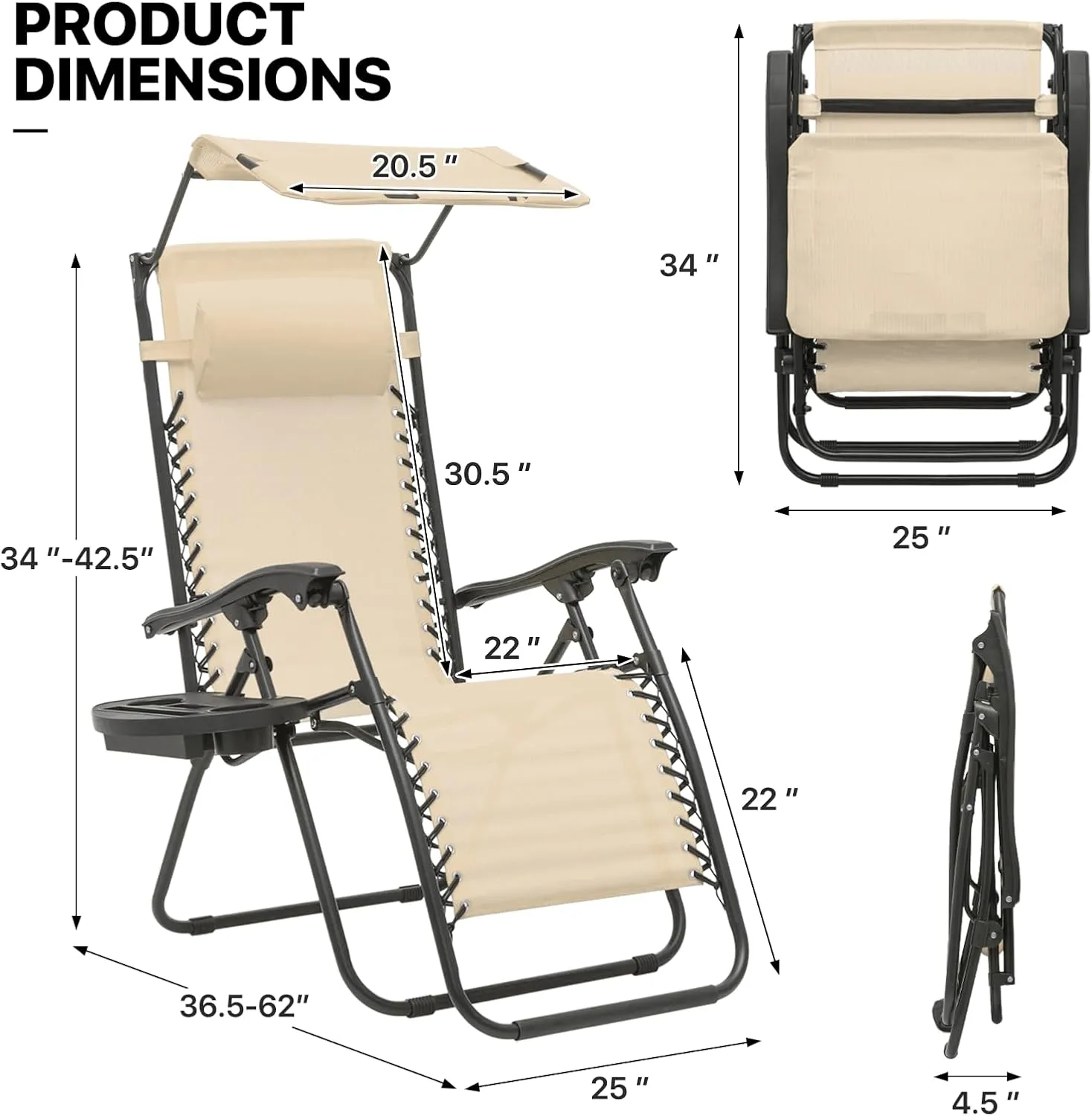 MoNiBloom Zero Gravity Chair with Canopy Shade, Patio Anti Gravity Recliner, Foldable Outdoor Lounger with Cup Holder Tray and Headrest for Beach Camping, Cream