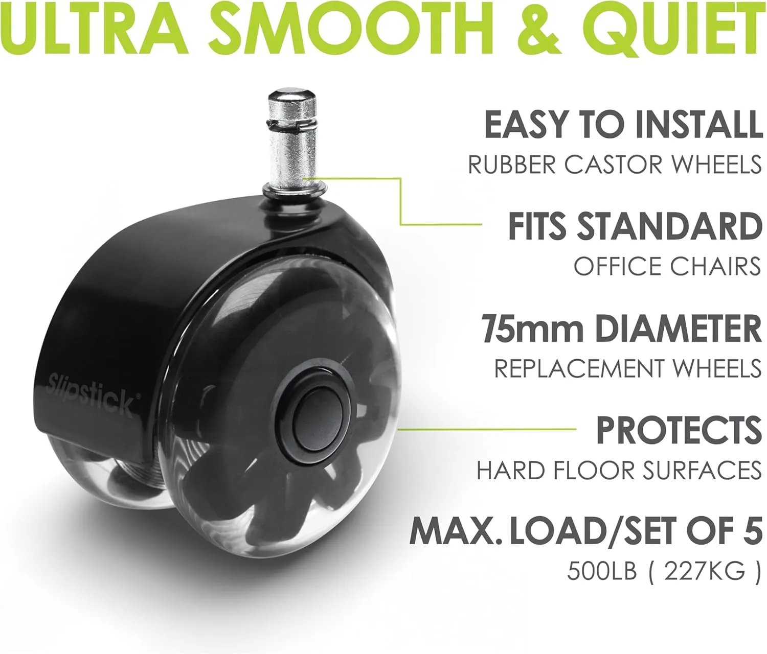 Monster 3” Dual Rollerblade Office Chair Wheels (Set of 5) Slipstick Premium Rubber Caster Wheels for Chairs, Smooth & Safe Rolling on All Flooring