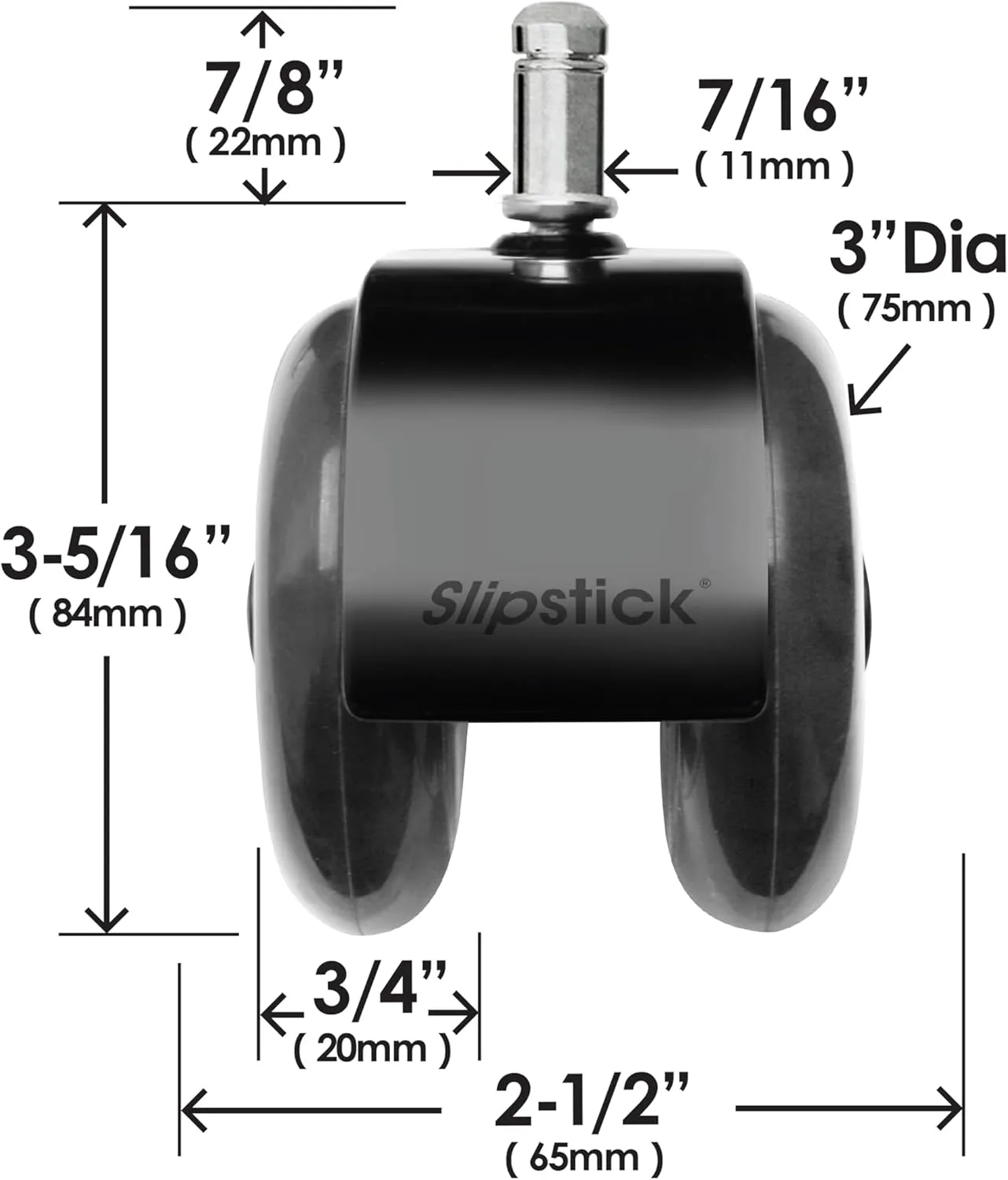 Monster 3” Dual Rollerblade Office Chair Wheels (Set of 5) Slipstick Premium Rubber Caster Wheels for Chairs, Smooth & Safe Rolling on All Flooring