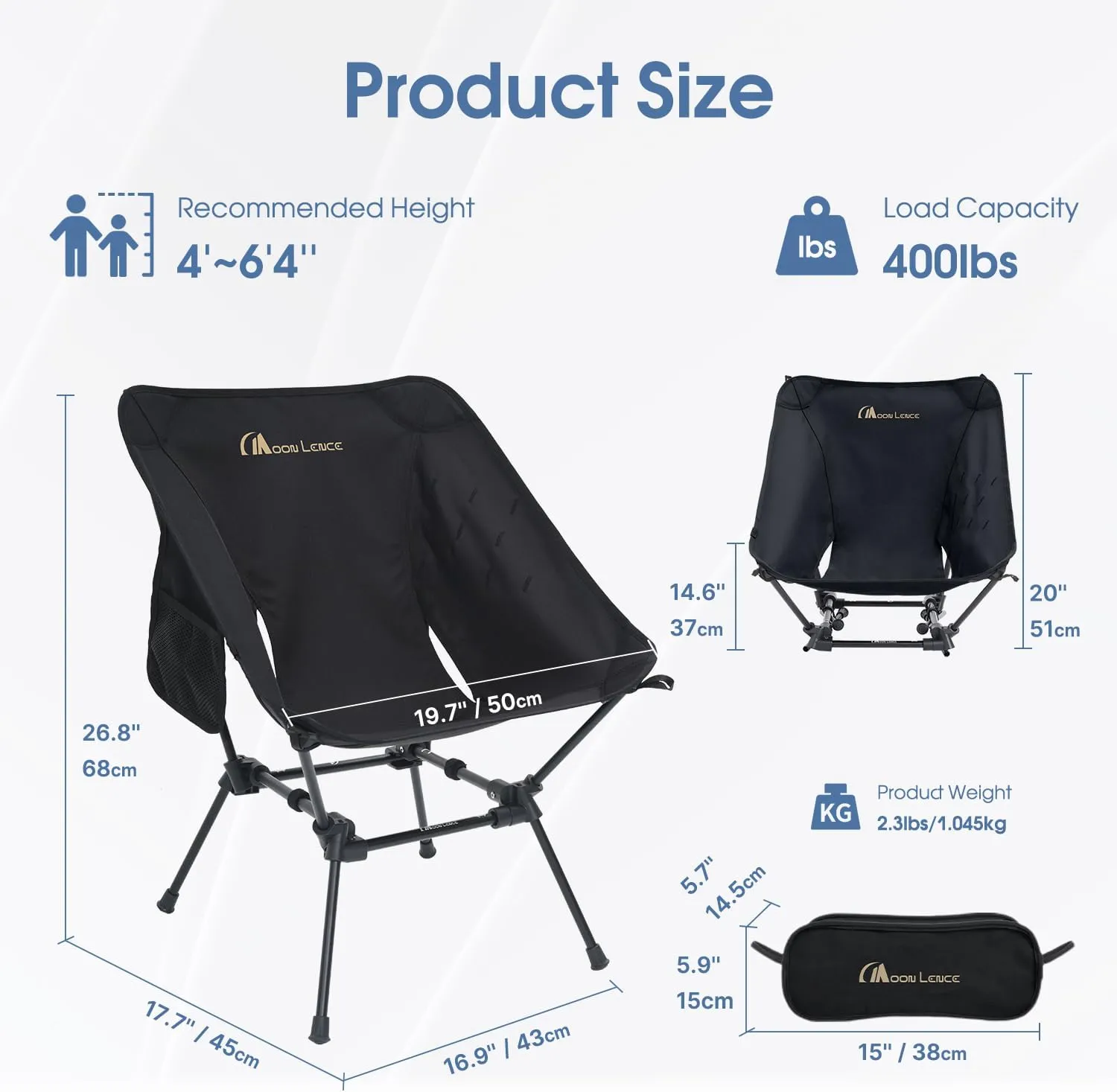 MOON LENCE Portable Camping Chair, Backpacking Chair, Ultralight & Compact, 400 lbs Capacity, for Outdoor Camp, Travel, Beach, Picnic, Hiking