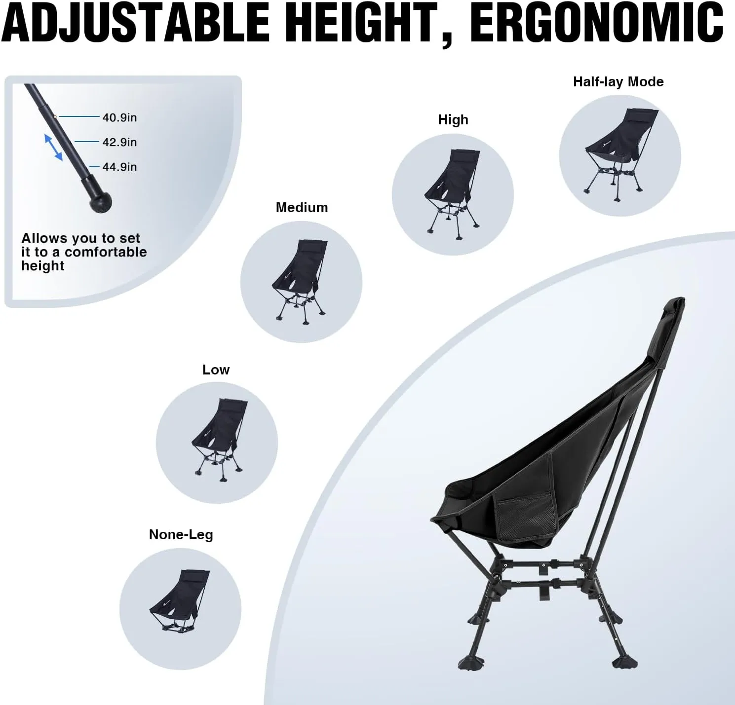 MOON LENCE Portable Camping Chairs for Adults, Adjustable Oversize Beach Chair Lawn Chair with High Back - Large Capacity, Heavy Duty (Khaki)