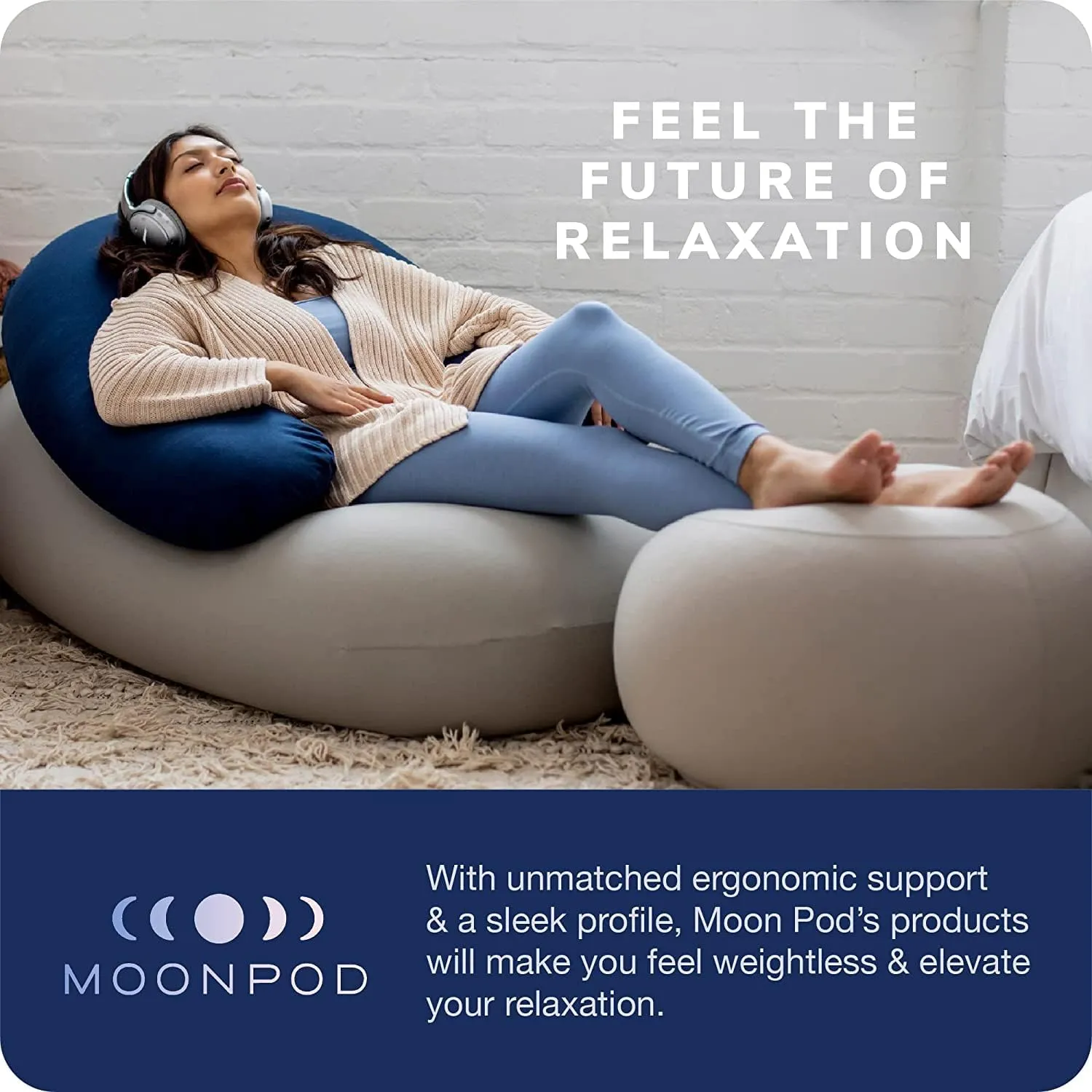 Moon Pod Crescent Backrest for Bean Bag Chair for The Family - Zero-Gravity Ergonomic Pillow for Neck & Back Support w/Micro-Bead Filling (Blue)