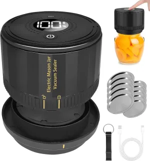 Motorized Mason jar sealer with automatic evacuation stop. For wide mouth and standard Mason jars. Extend the freshness of your food. A must-have for home canning (black).