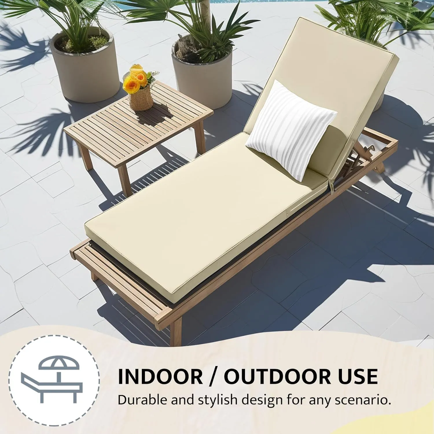 mudilun Lounge Chair Cushion Water Proof Outdoor Lounge Chair Cushions with Ties Non-Slip Chaise Lounge Cushion Removable Patio Seat Cushions for Garden Pool Beach Lounge (Beige)