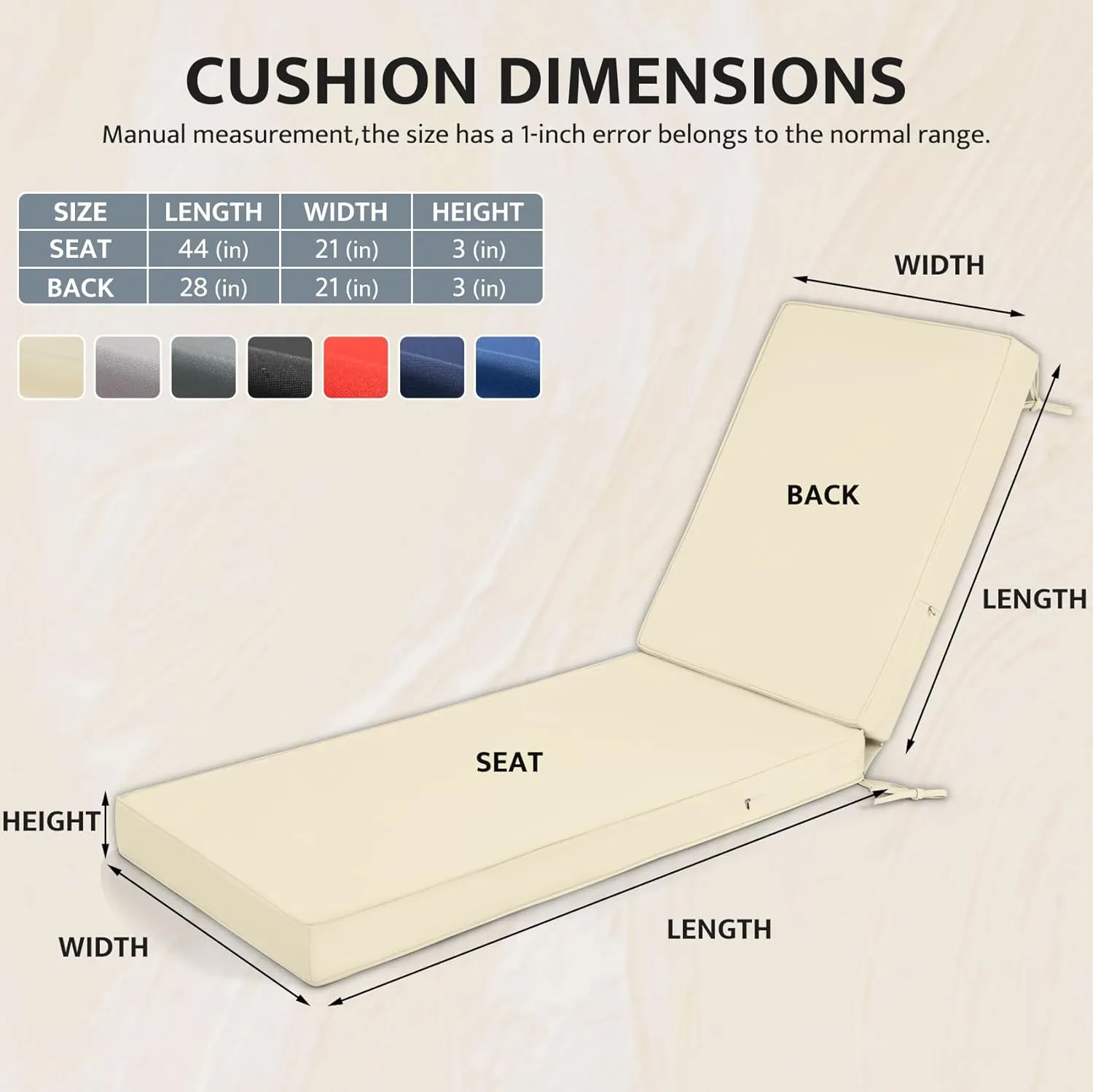 mudilun Lounge Chair Cushion Water Proof Outdoor Lounge Chair Cushions with Ties Non-Slip Chaise Lounge Cushion Removable Patio Seat Cushions for Garden Pool Beach Lounge (Beige)